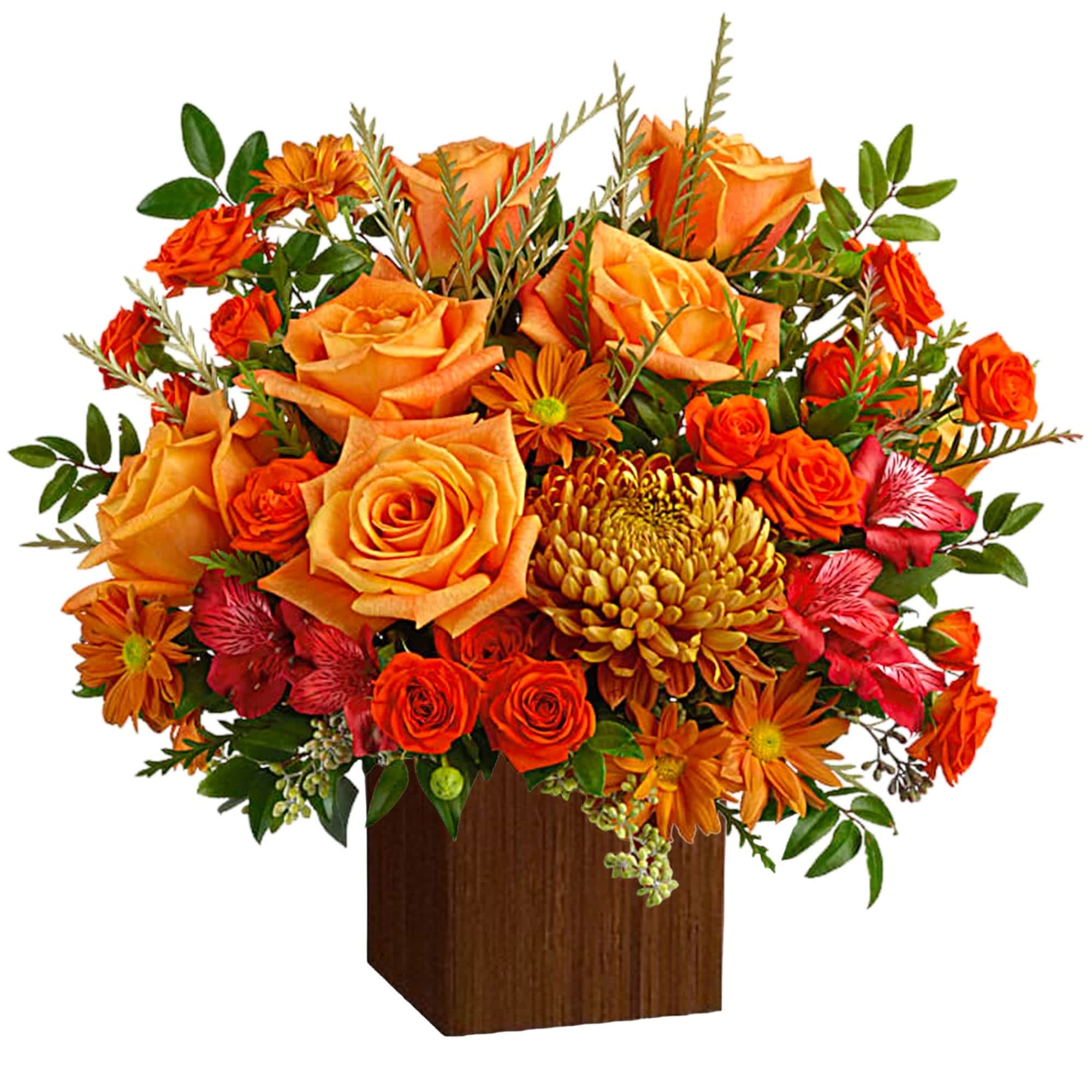 Orange rose and chrysanthemum arrangement in a wooden cube vase