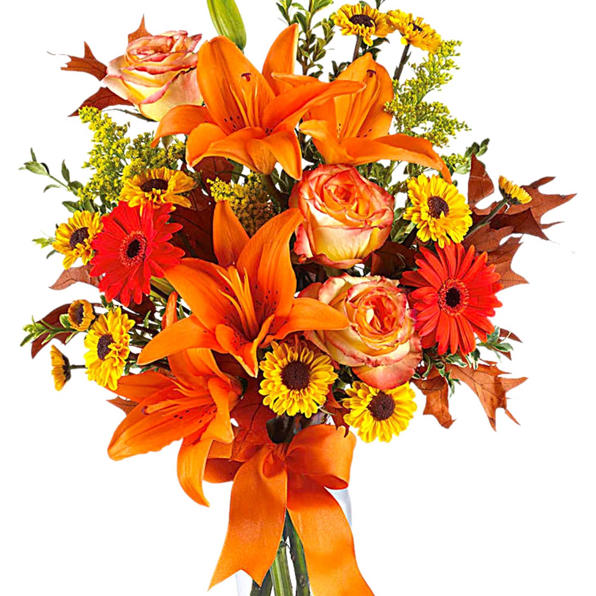 Bouquet of orange lilies, roses, and yellow daisies in a glass vase