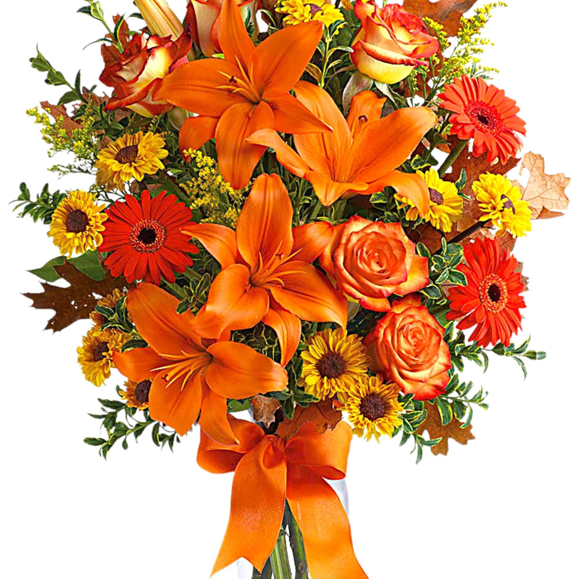 Orange lilies and roses with yellow daisies in a glass vase