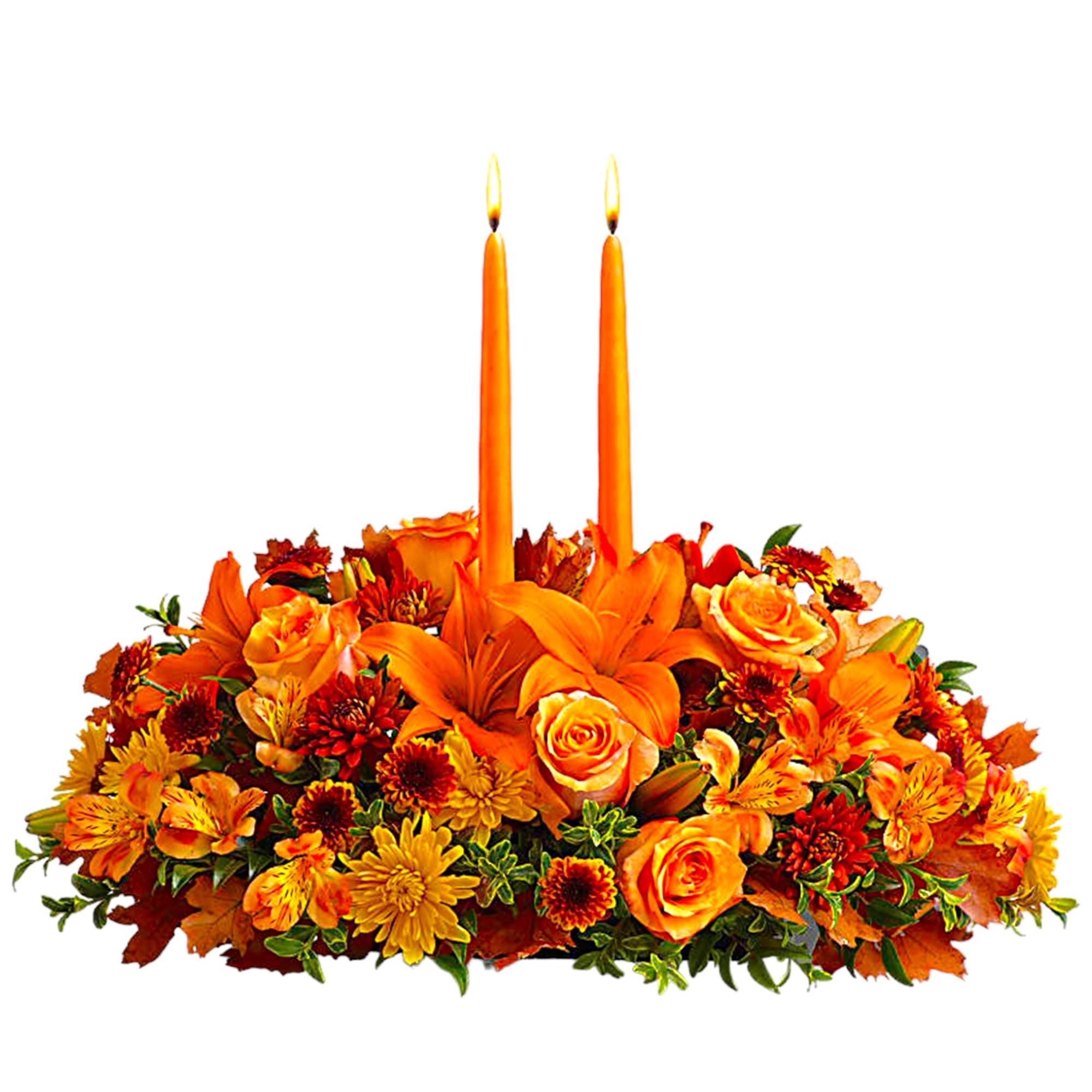Orange floral centerpiece with two lit taper candles, photo 2 of 5