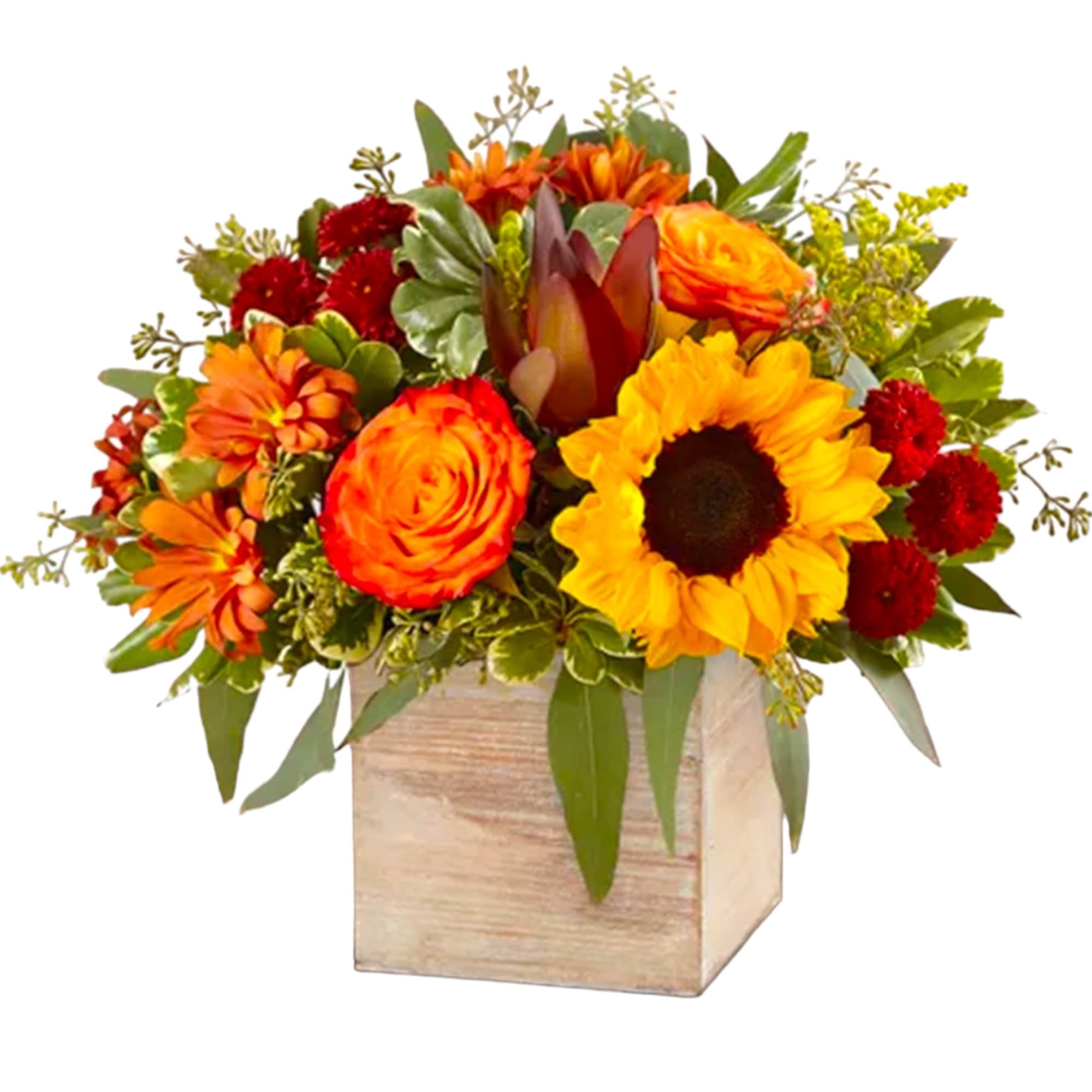 Bright mixed bouquet in a wooden cube vase