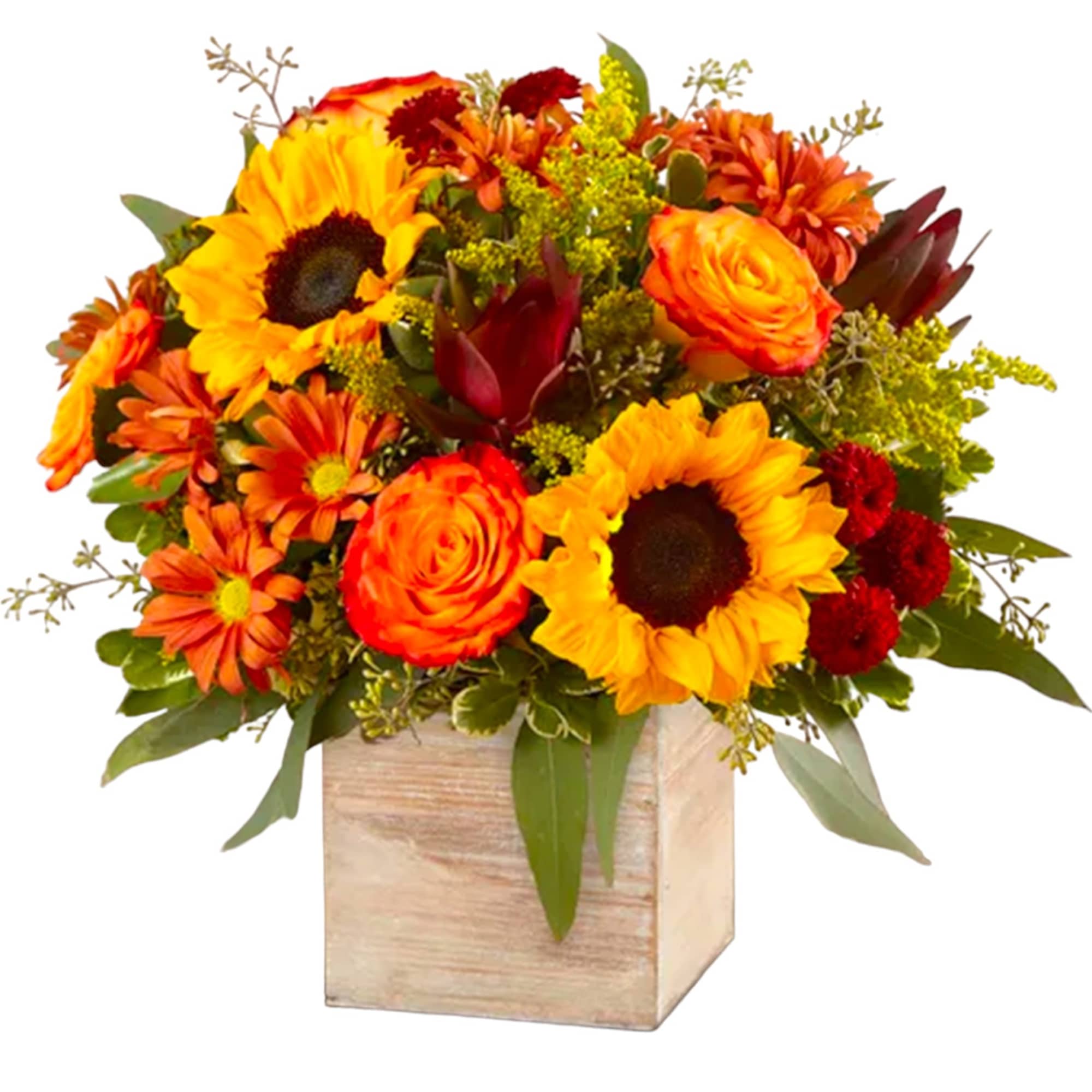 Sunflower and orange rose arrangement in a wooden cube vase