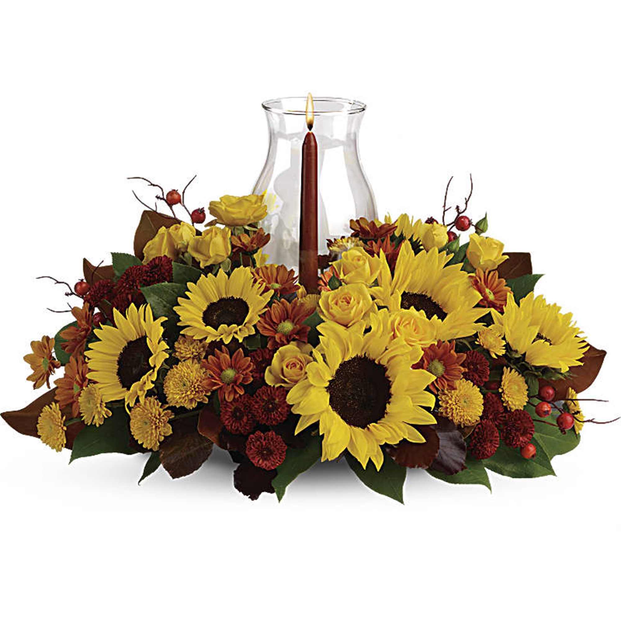 Sunflower and autumn flower centerpiece with a glass hurricane candle holder