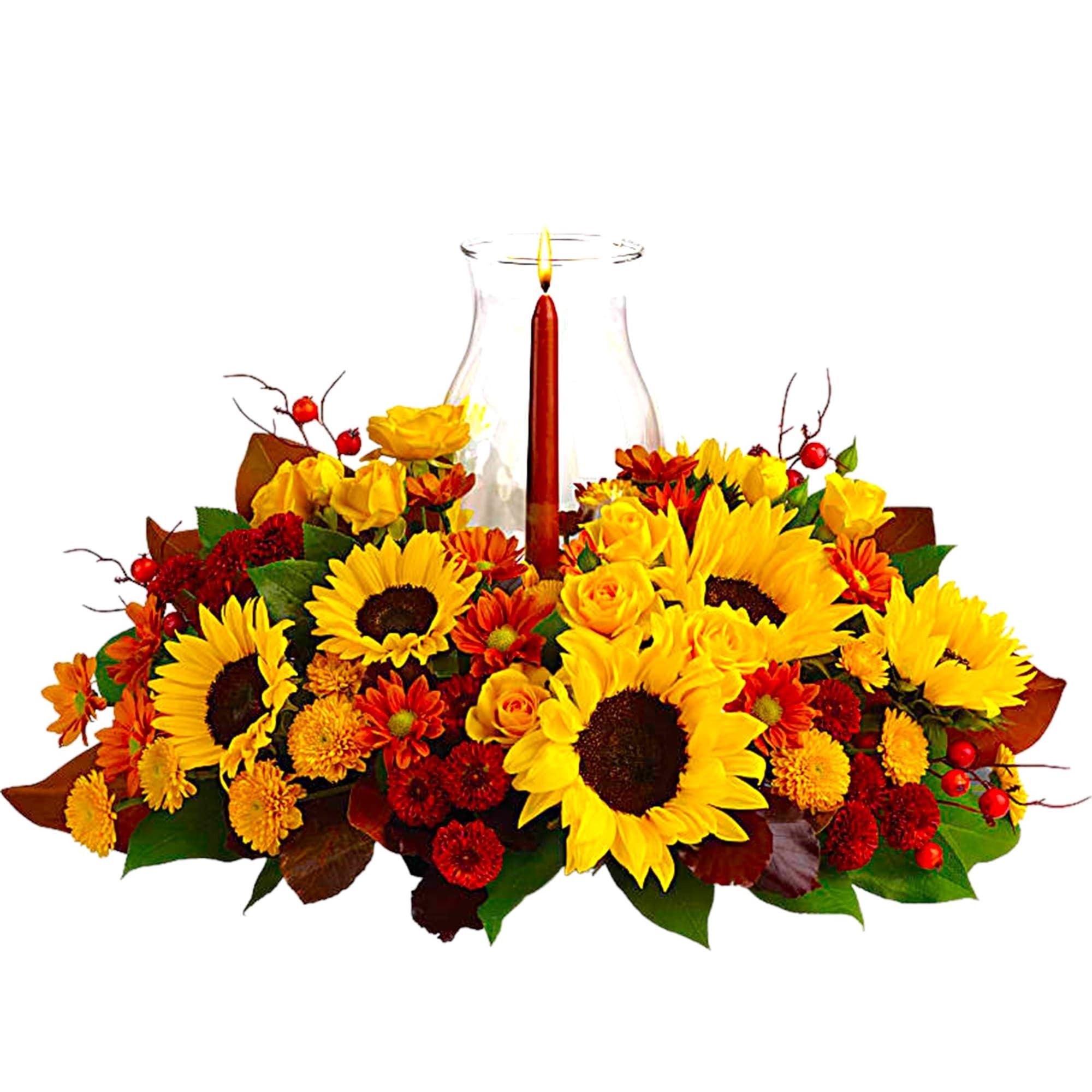 Sunflower and rose centerpiece with a lit candle in a glass hurricane