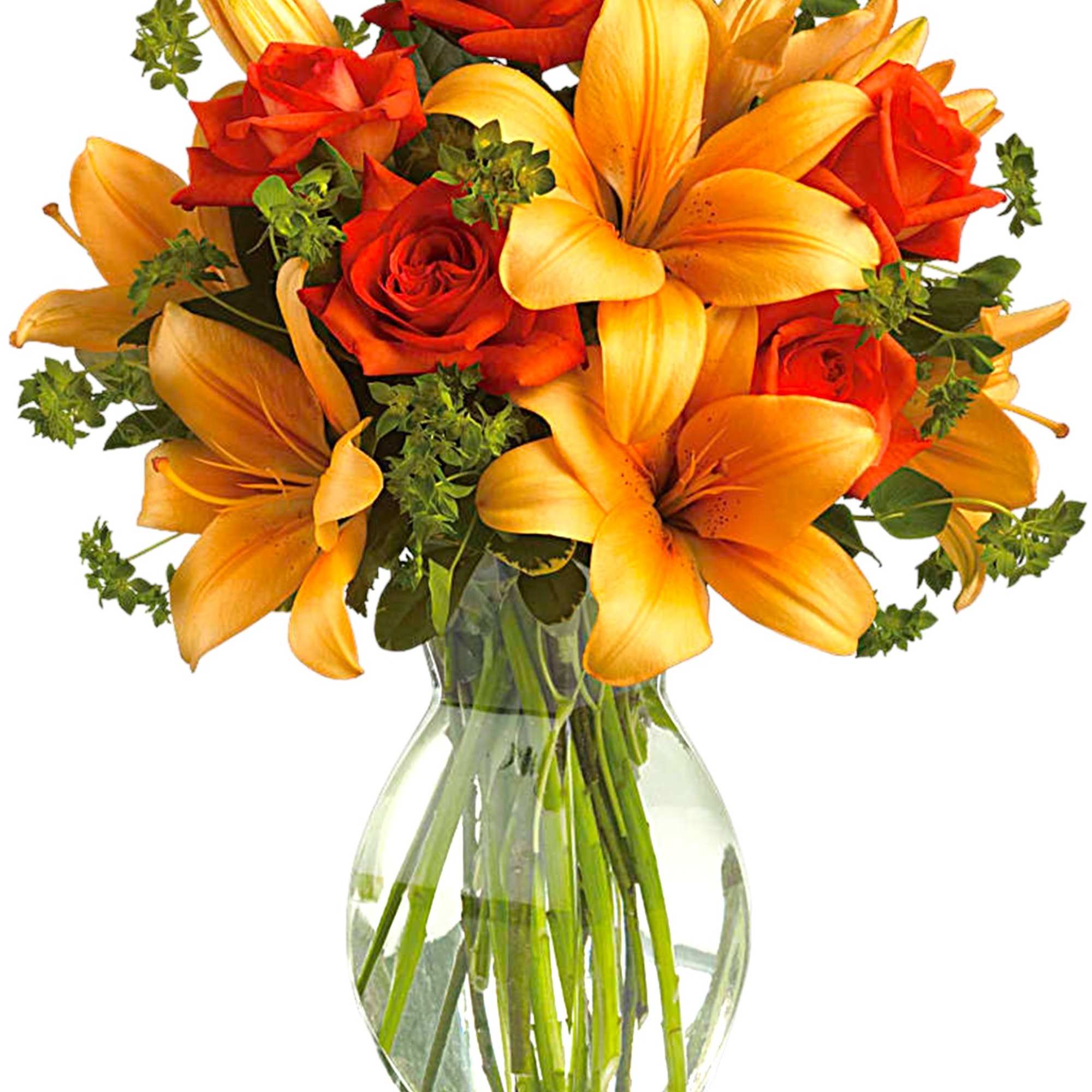 Orange lilies and red roses in a clear glass vase