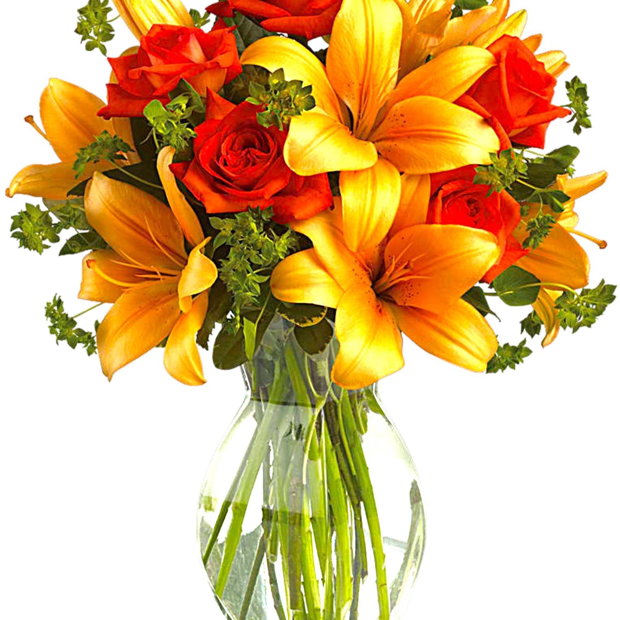 Orange lilies and red roses in a clear glass vase, photo 3 of 3