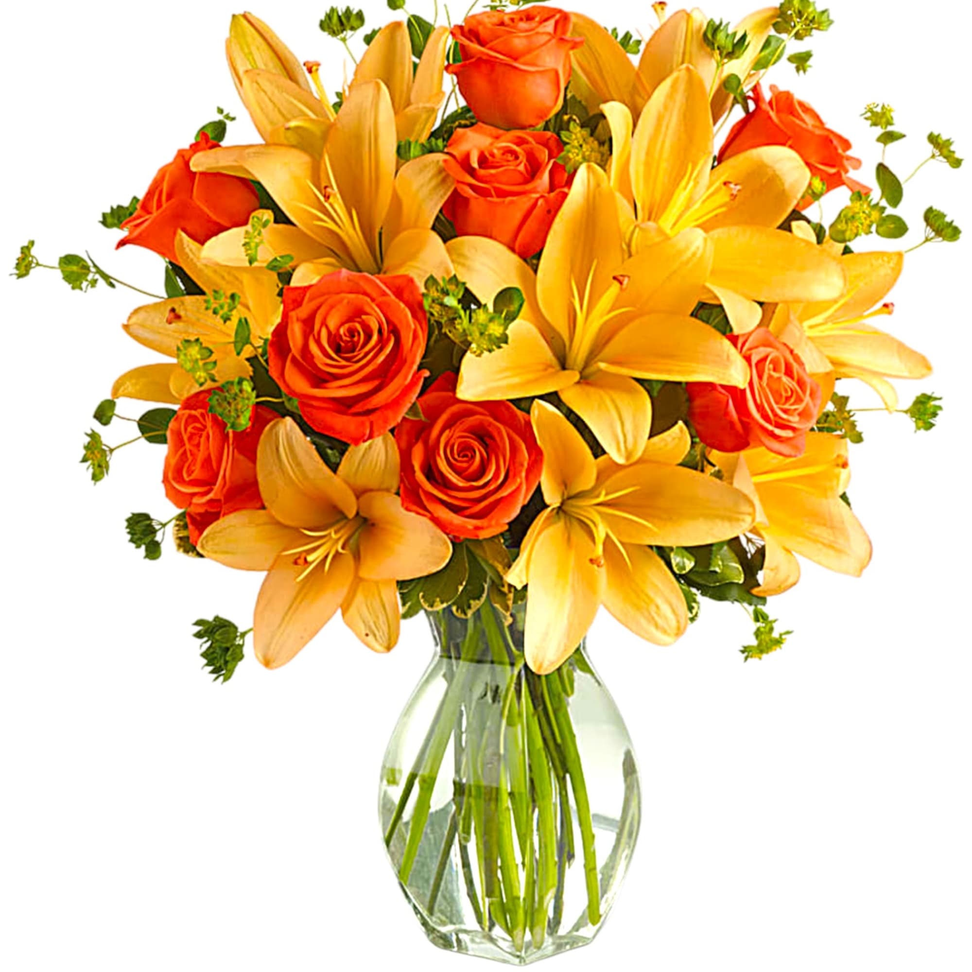 Orange roses and yellow lilies in a clear glass vase