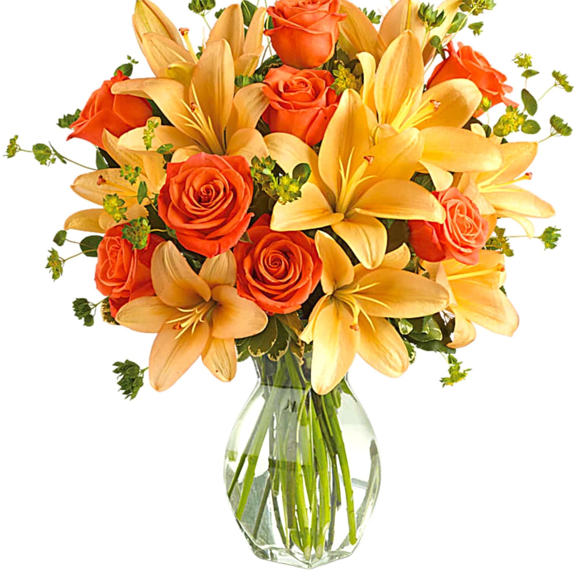 Orange roses and yellow lilies in a clear glass vase, photo 3 of 3