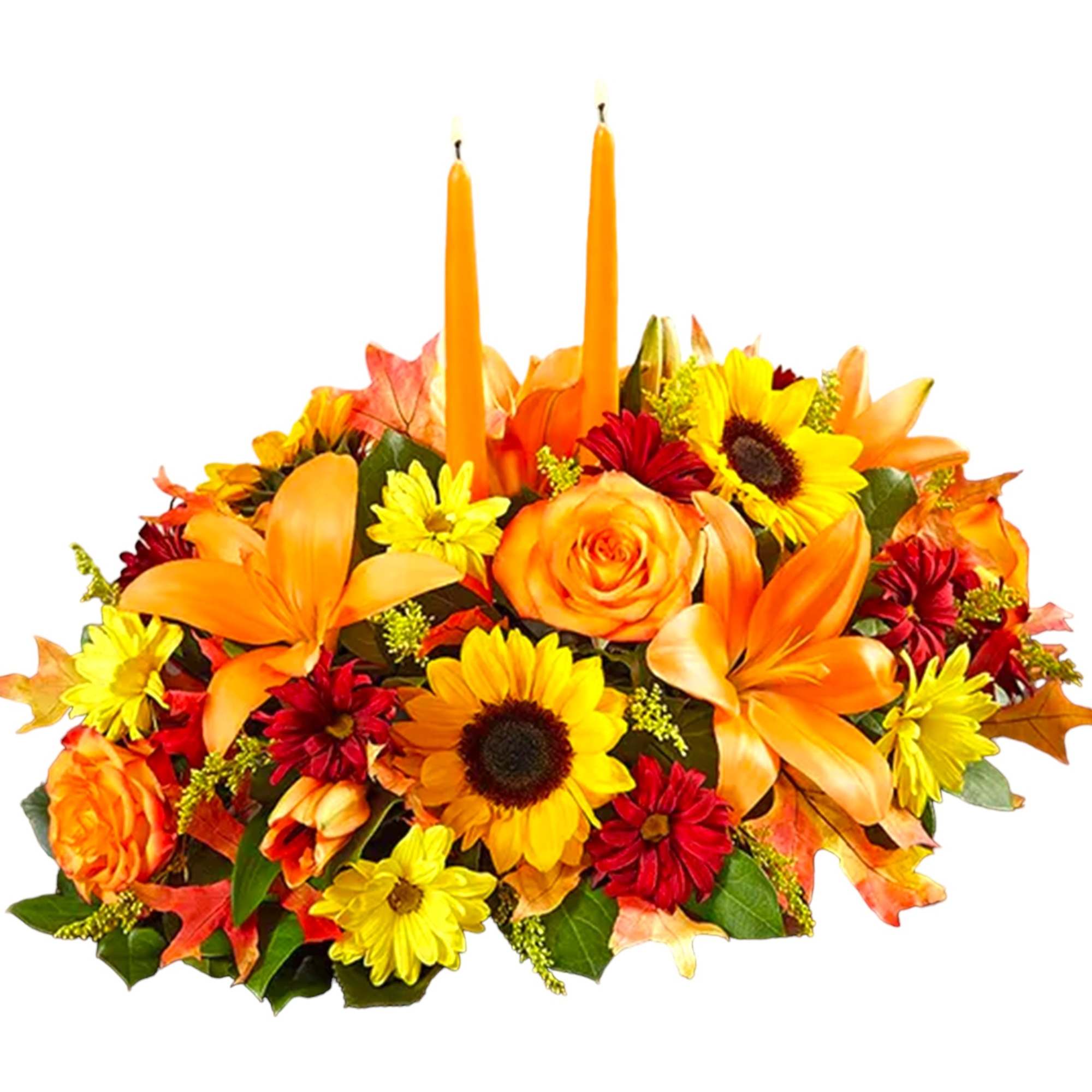 Autumn floral centerpiece with two orange candles
