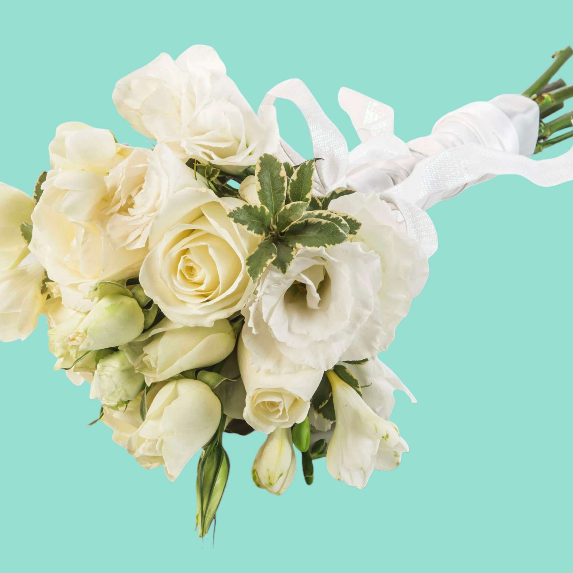 A classic white rose bouquet hand tied with ribbon. The perfect accessory, photo 2 of 3