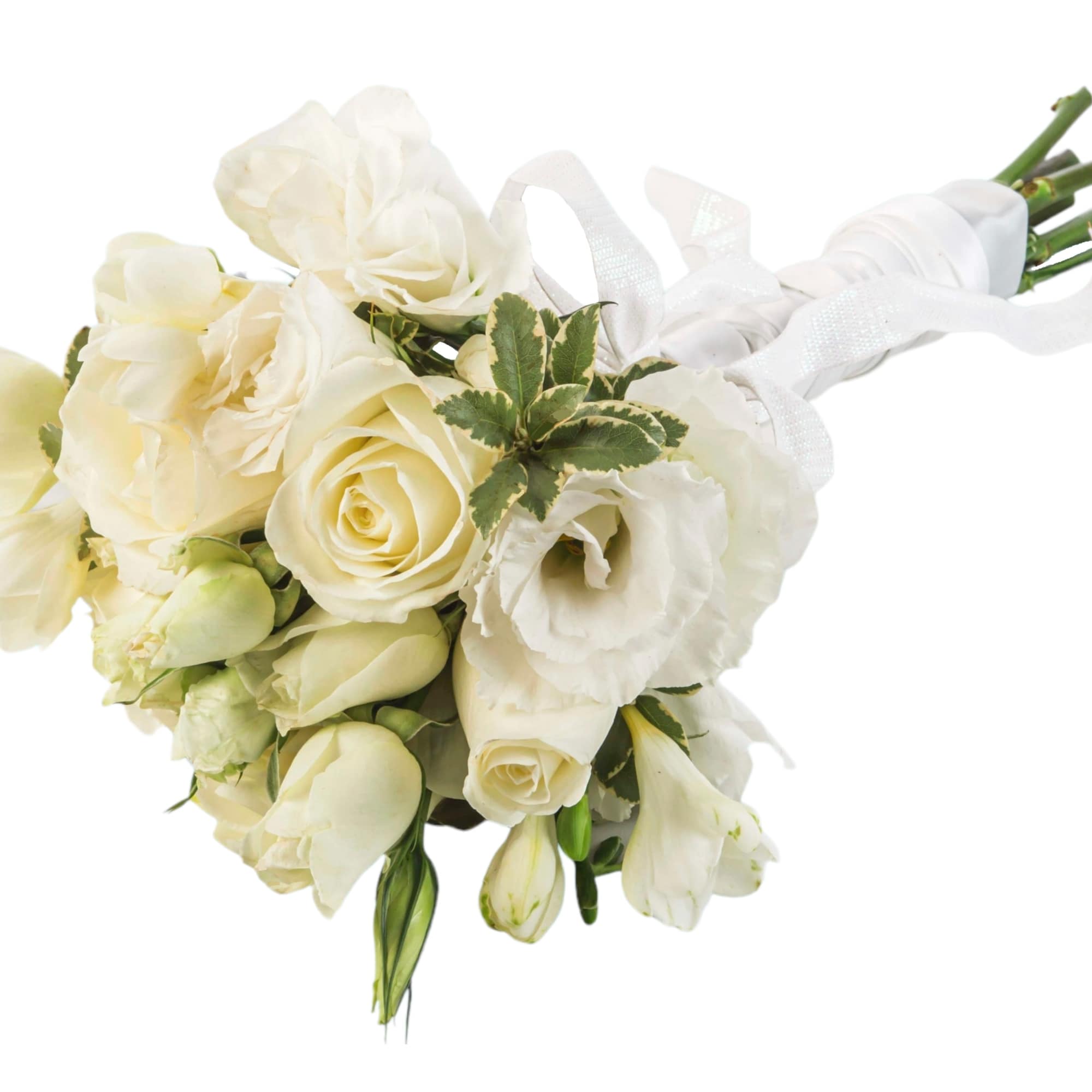 A classic white rose bouquet hand tied with ribbon. The perfect accessory