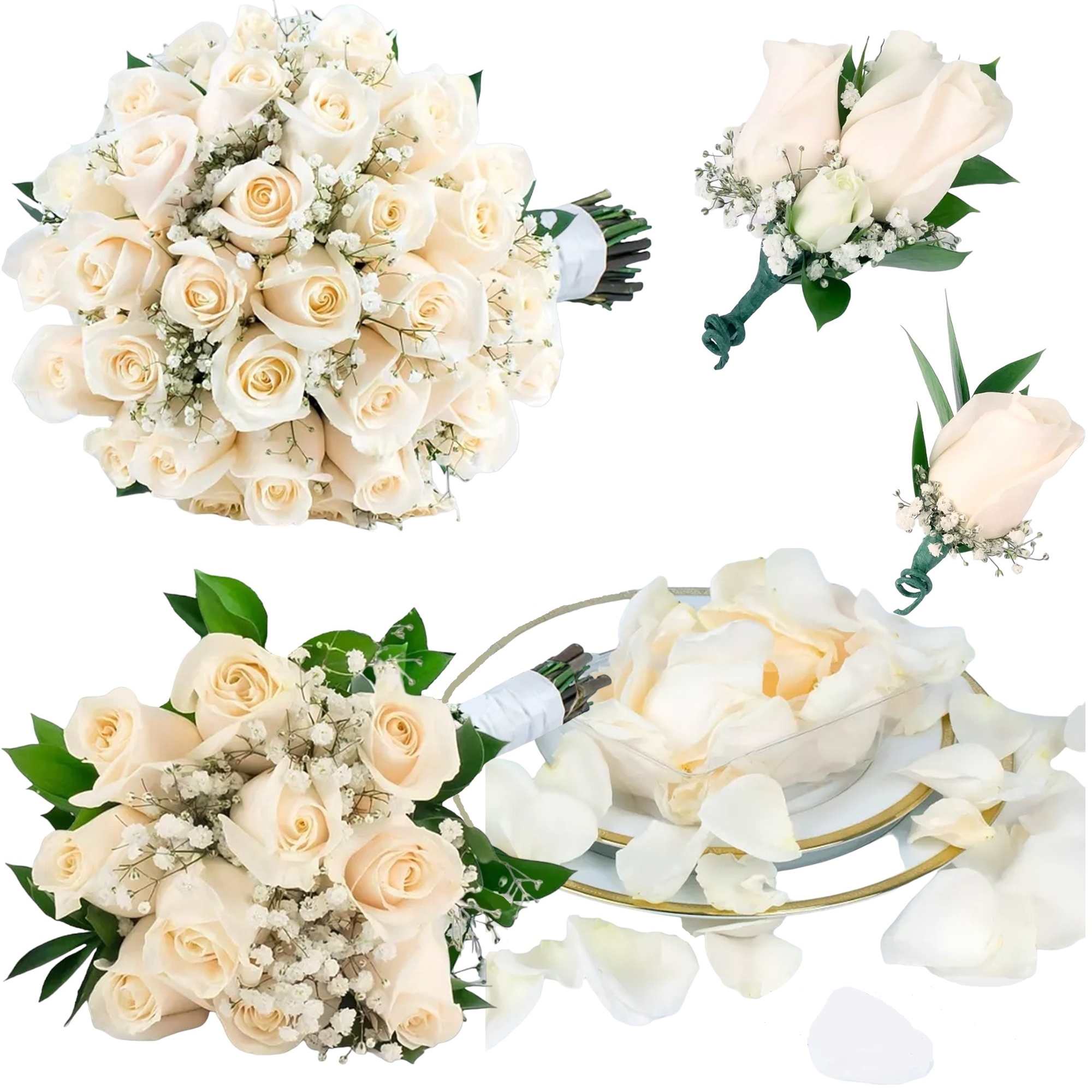 Cream rose bouquets with baby’s breath and greenery, plus a rose petal ring pillow
