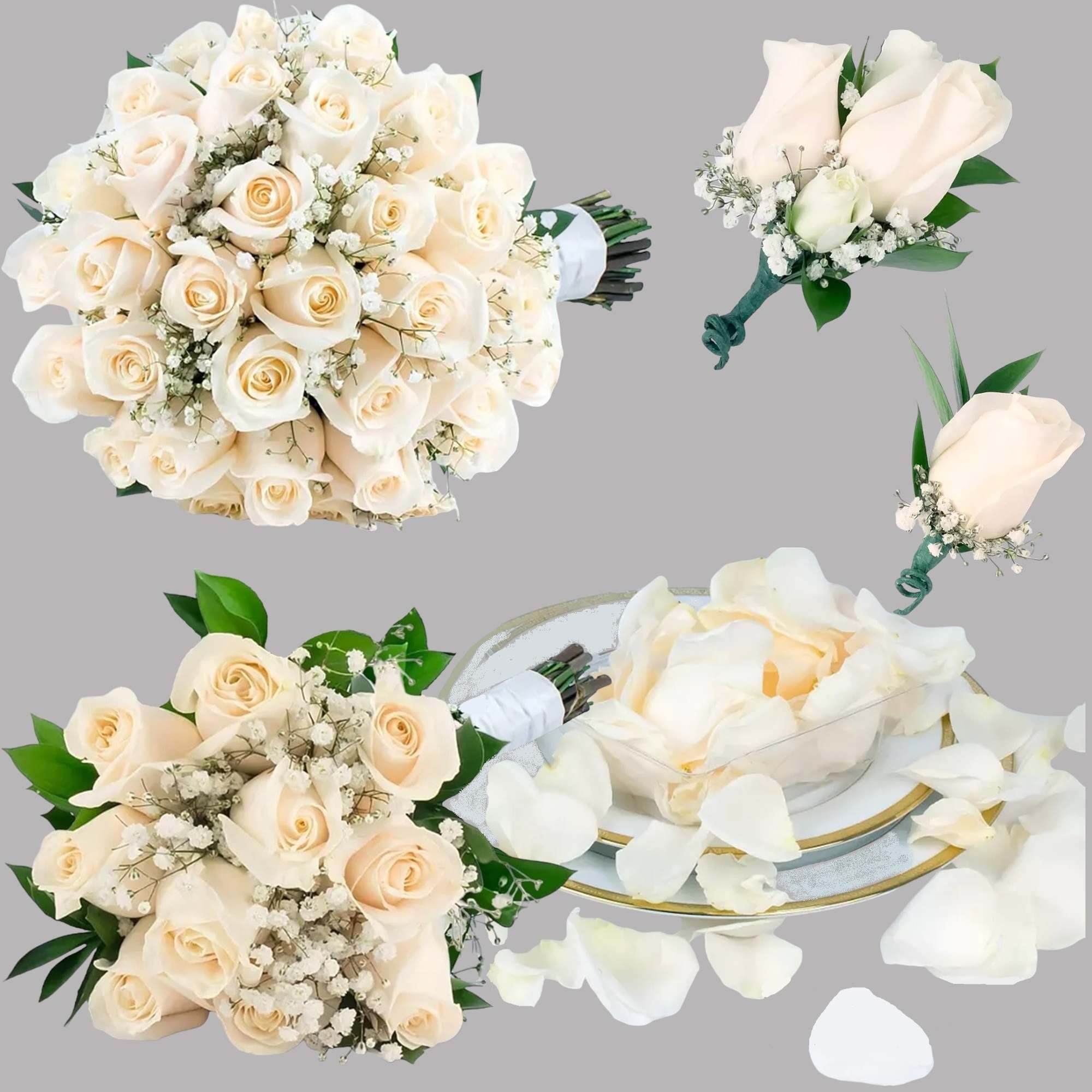 Cream rose bouquets and a rose petal ring pillow on a gray background