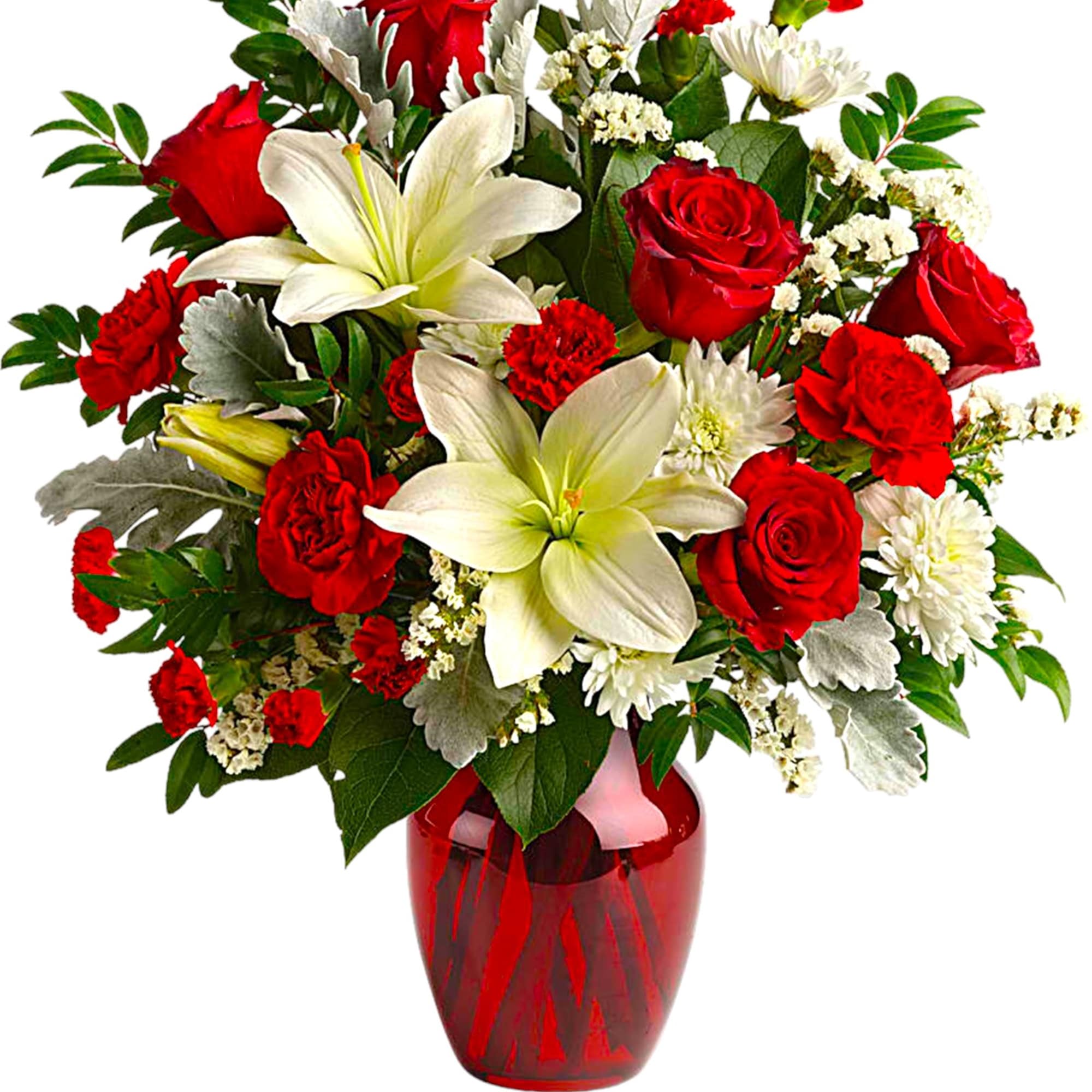 Red roses and white lilies in a red glass vase, photo 5 of 5