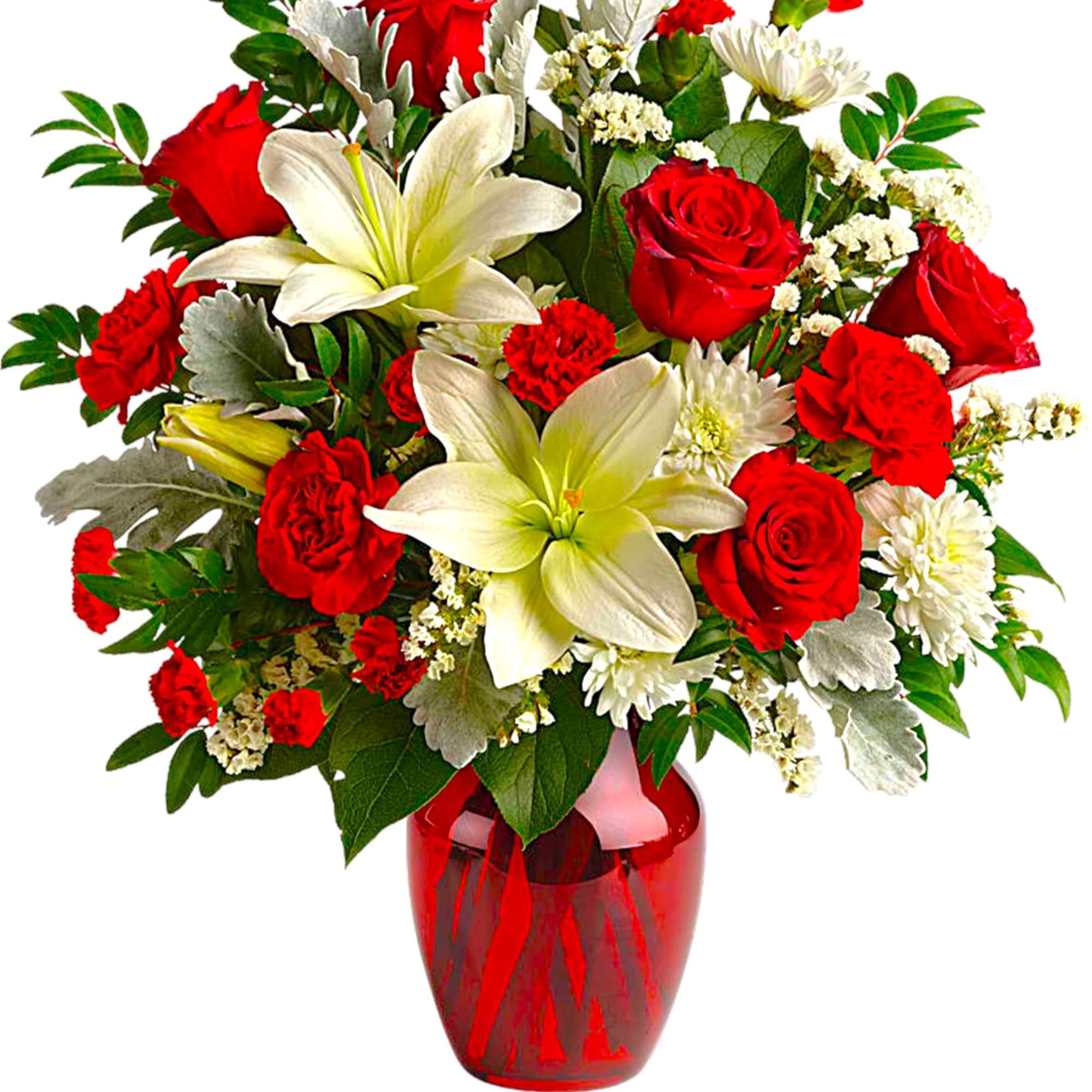 Red roses and white lilies in a red glass vase