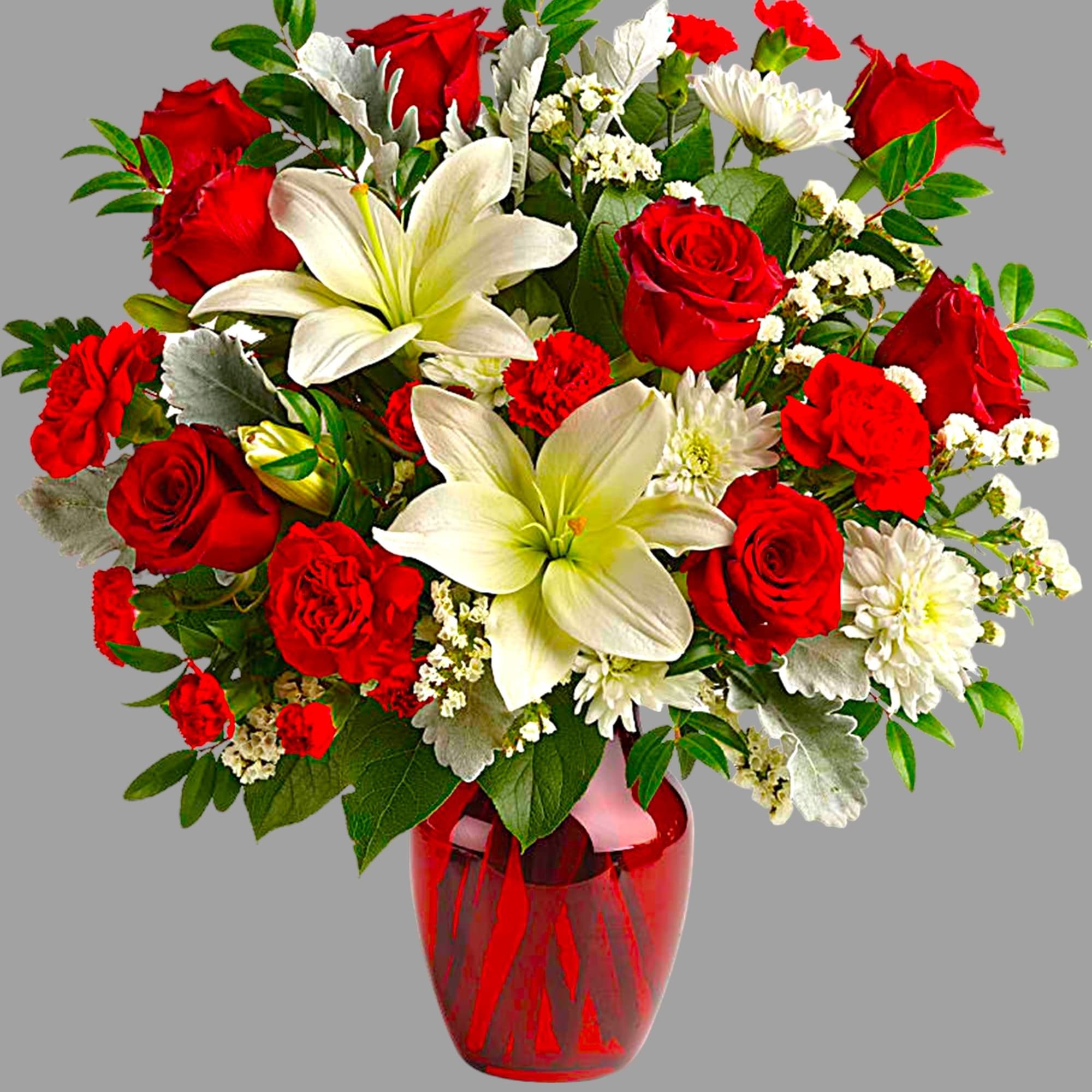 Red roses and white lilies arranged in a red glass vase, photo 4 of 4