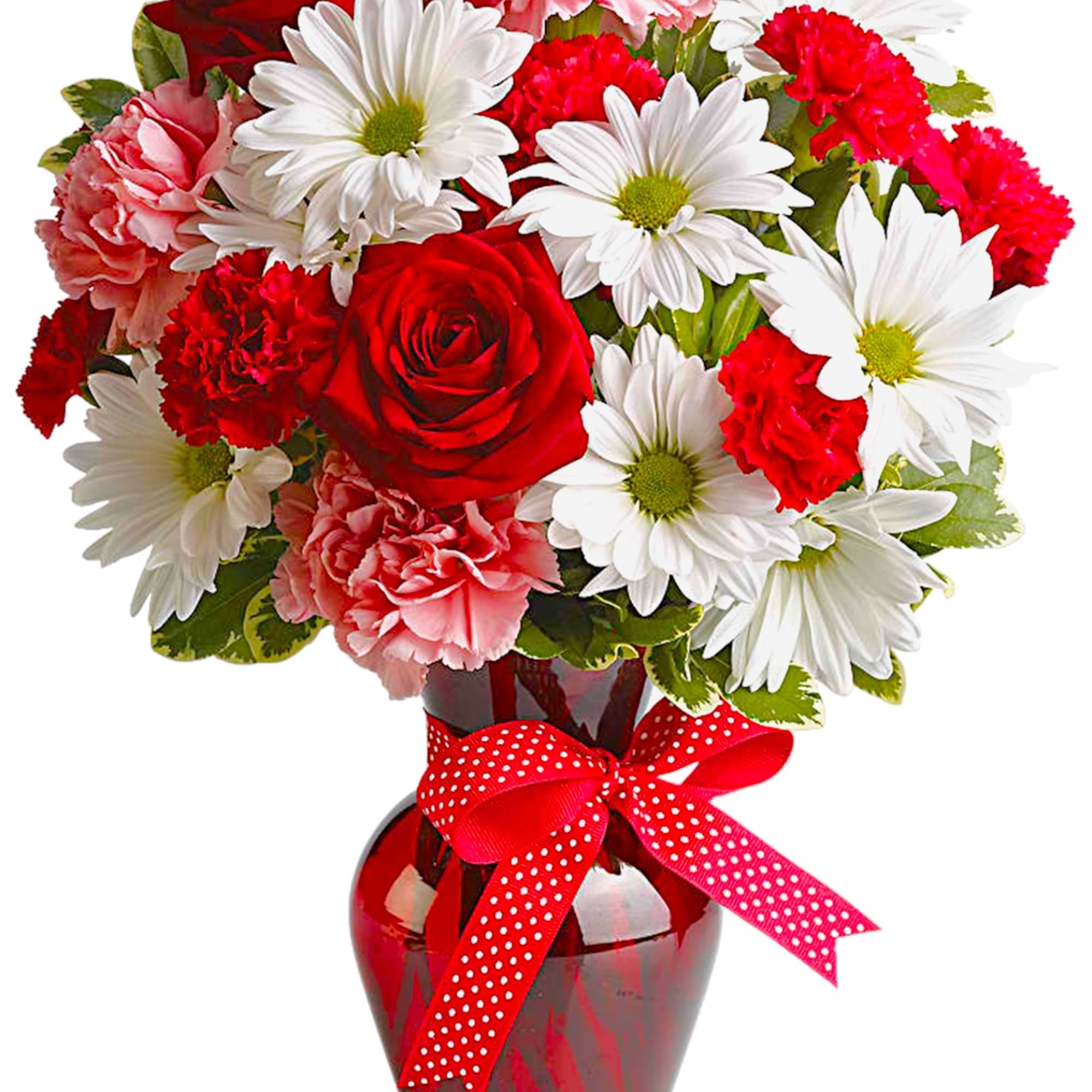 Bouquet of red roses, white daisies, and pink carnations in a red vase with a ribbon