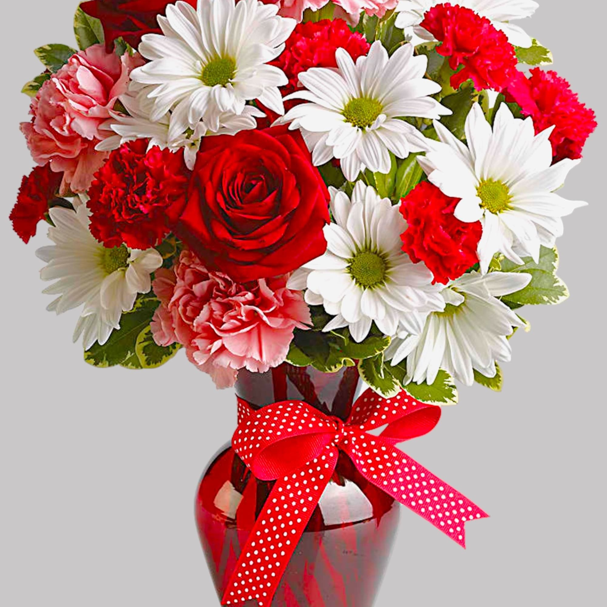 Red roses, white daisies, and pink carnations in a red vase with a polka-dot ribbon.
