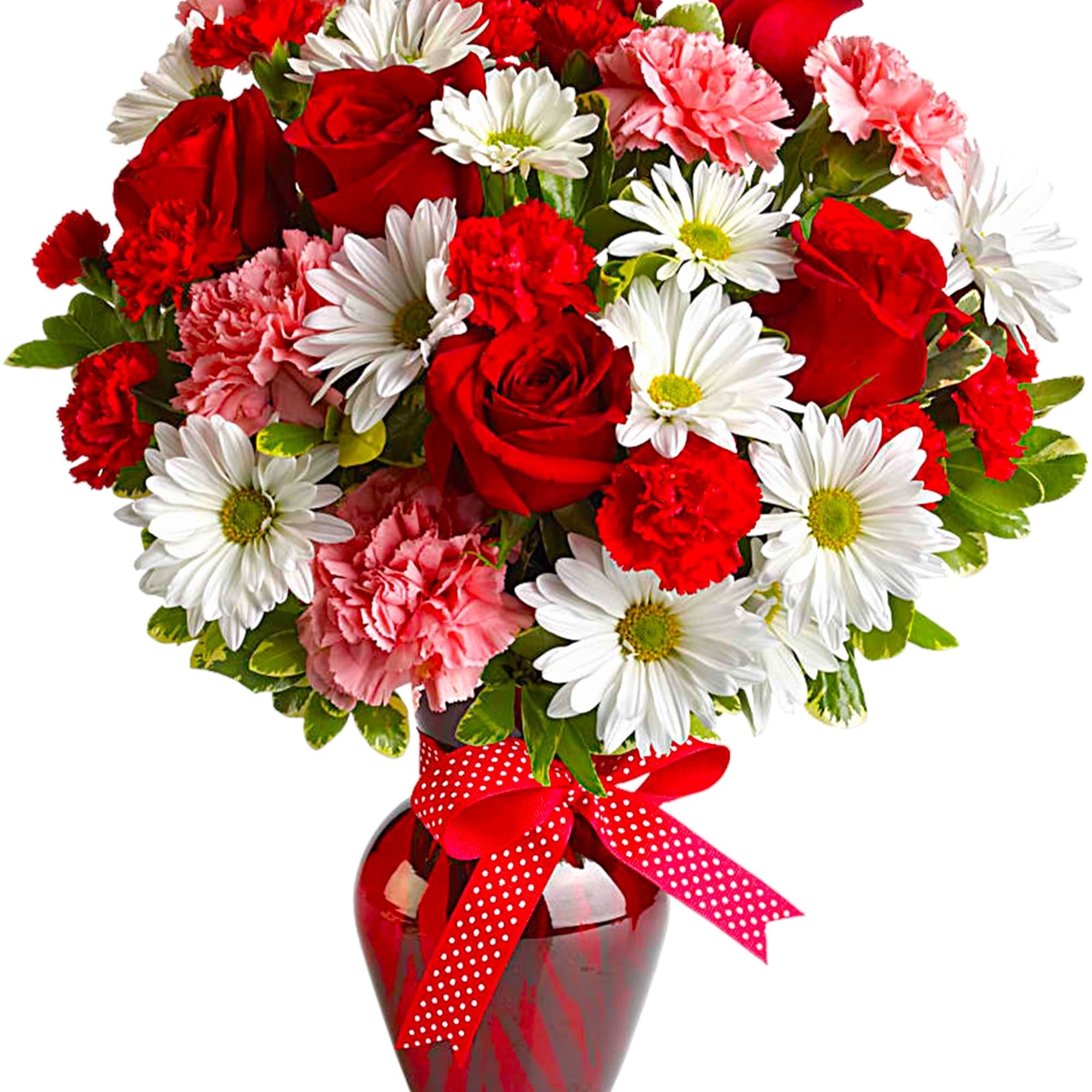 Bouquet of red roses, white daisies, and pink carnations in a red vase