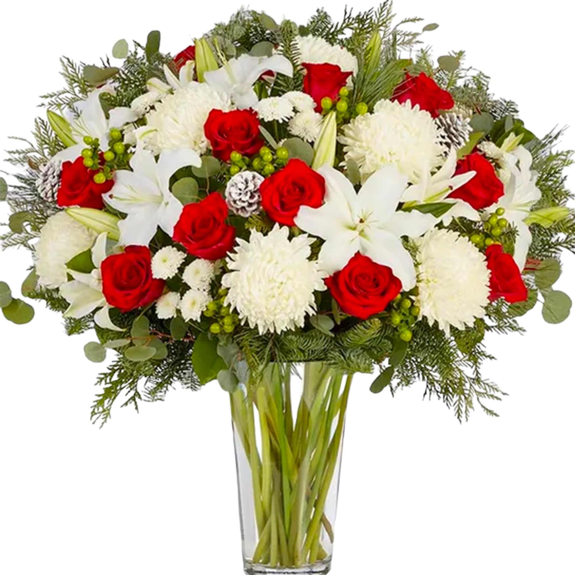 Red roses and white lilies in a clear glass vase