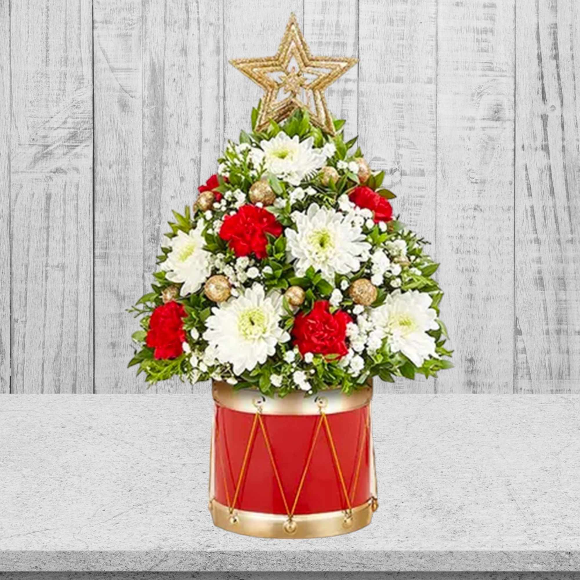 Christmas tree-shaped flower arrangement in a red drum container, photo 5 of 5