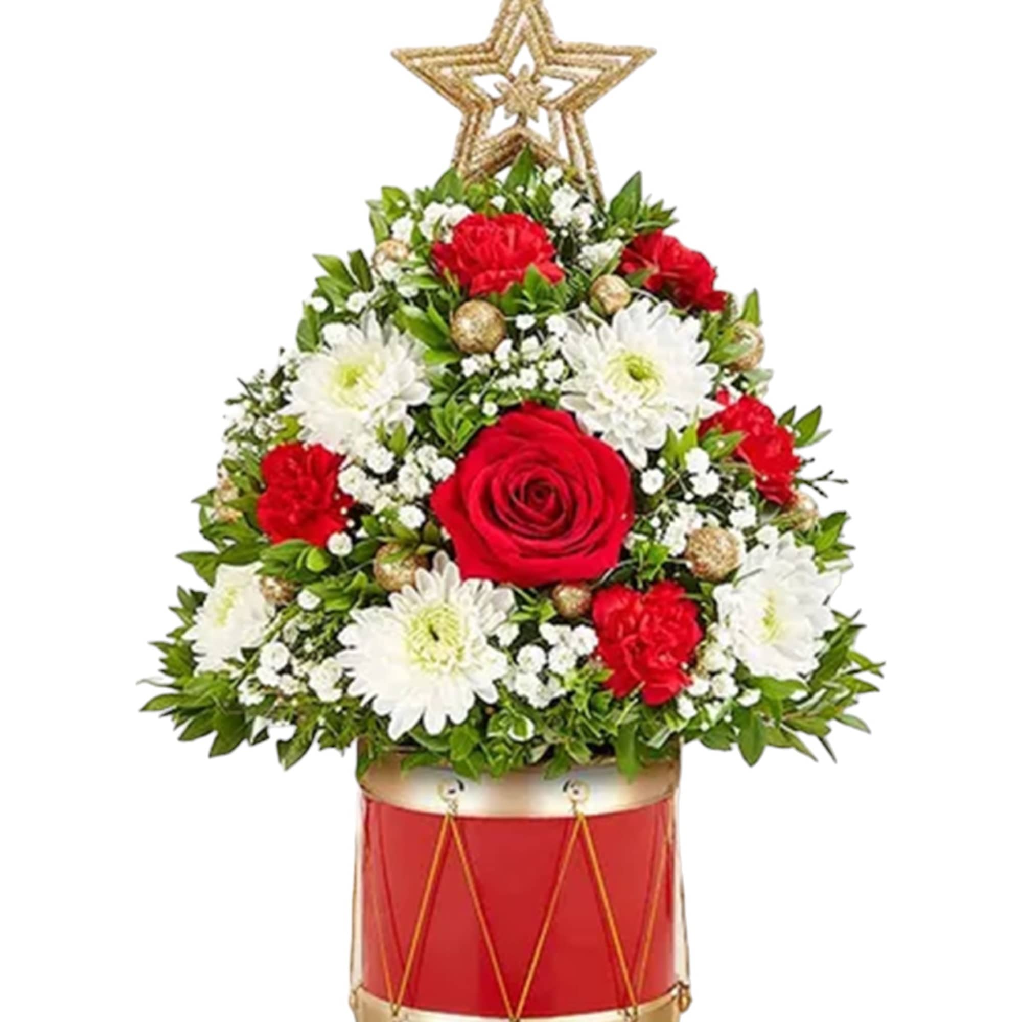 Red and white floral arrangement in a red drum-shaped container with a star topper