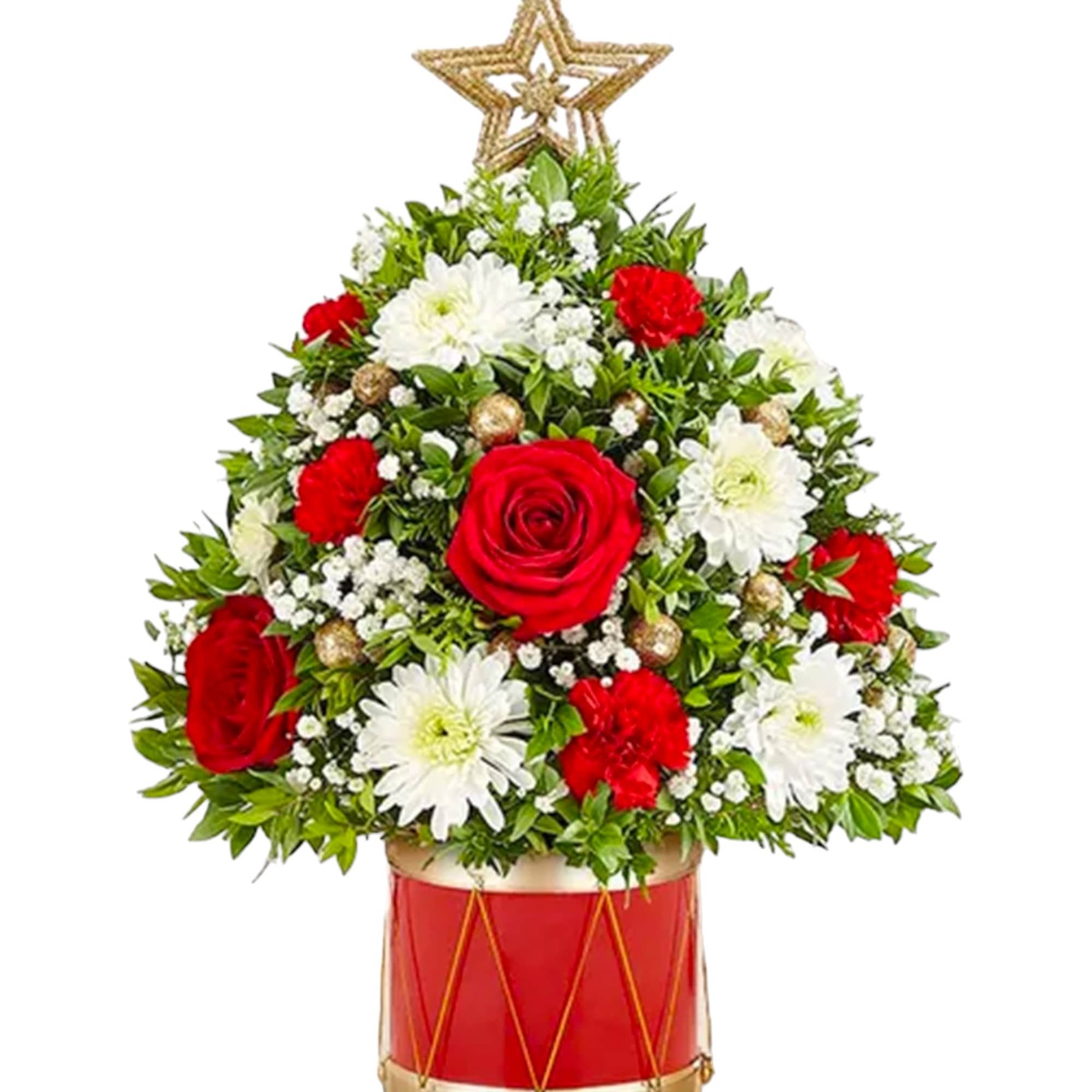 Red and white floral arrangement shaped like a Christmas tree in a red drum container