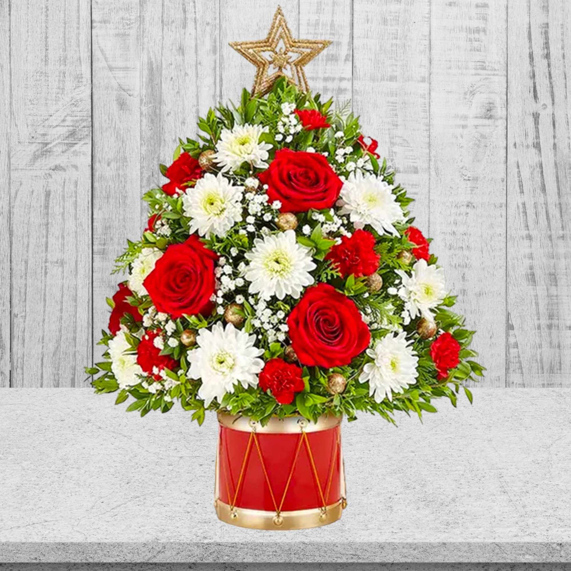 Red roses and white daisies arranged in a drum-shaped container with a star topper, photo 5 of 5