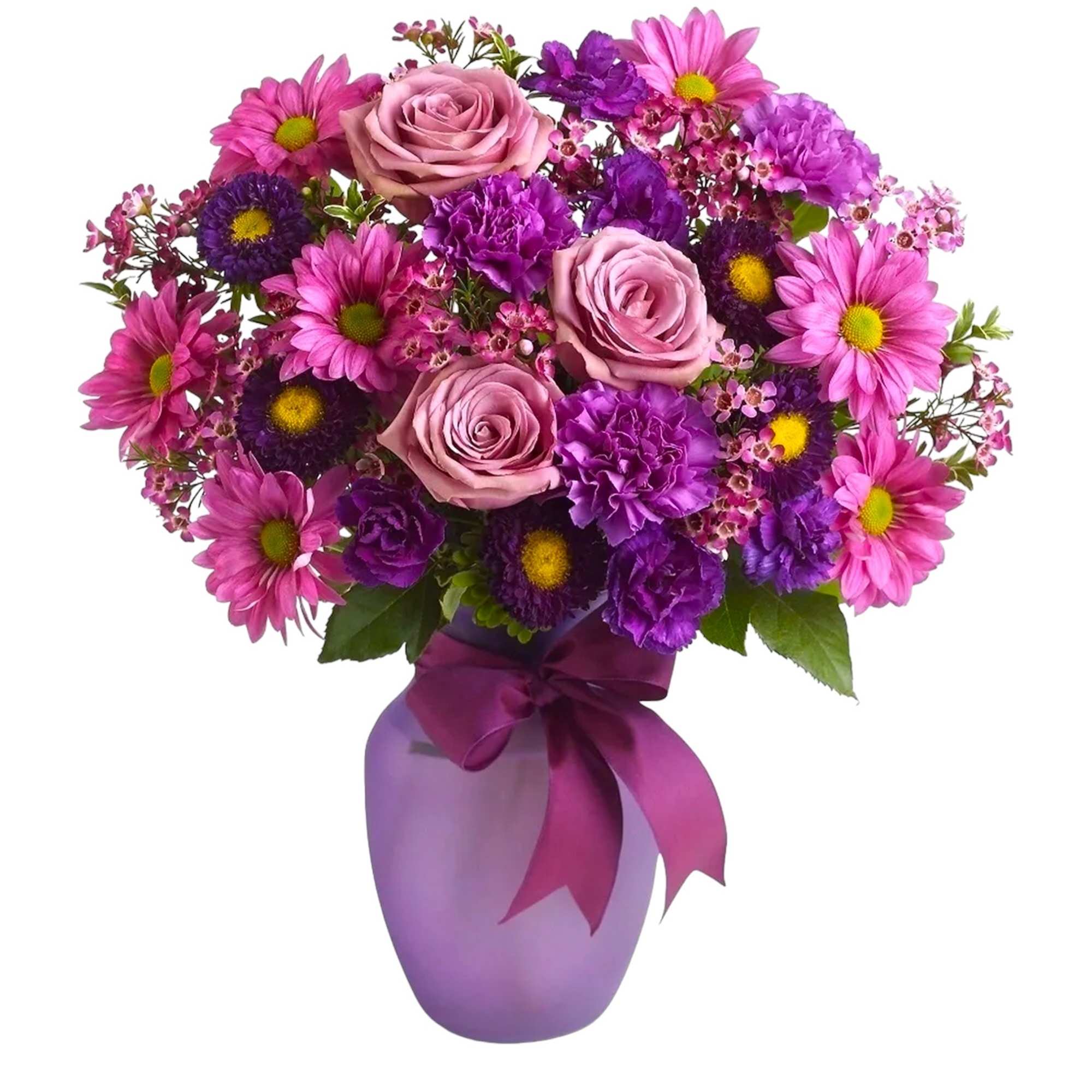 Pink and purple bouquet in a lavender vase with a ribbon