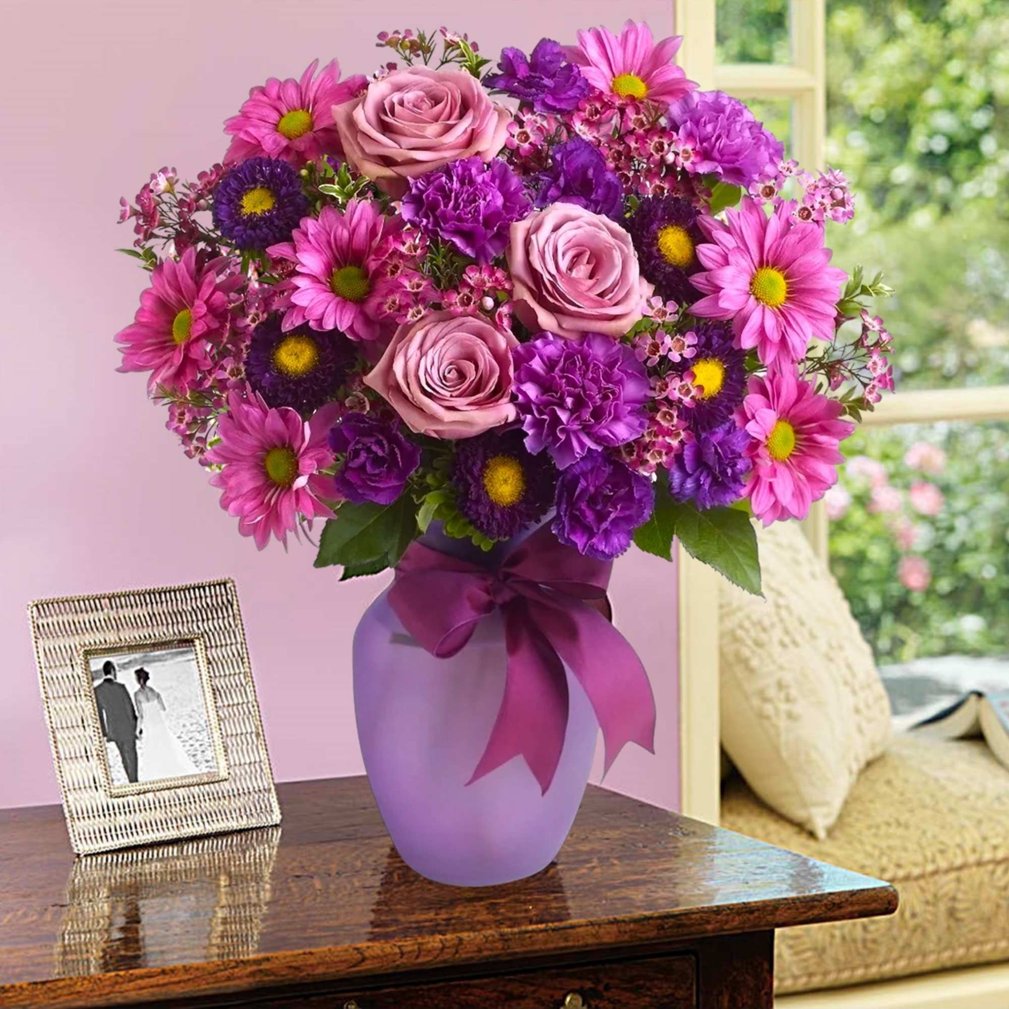 Pink and purple bouquet in a lavender vase with a ribbon, photo 2 of 5