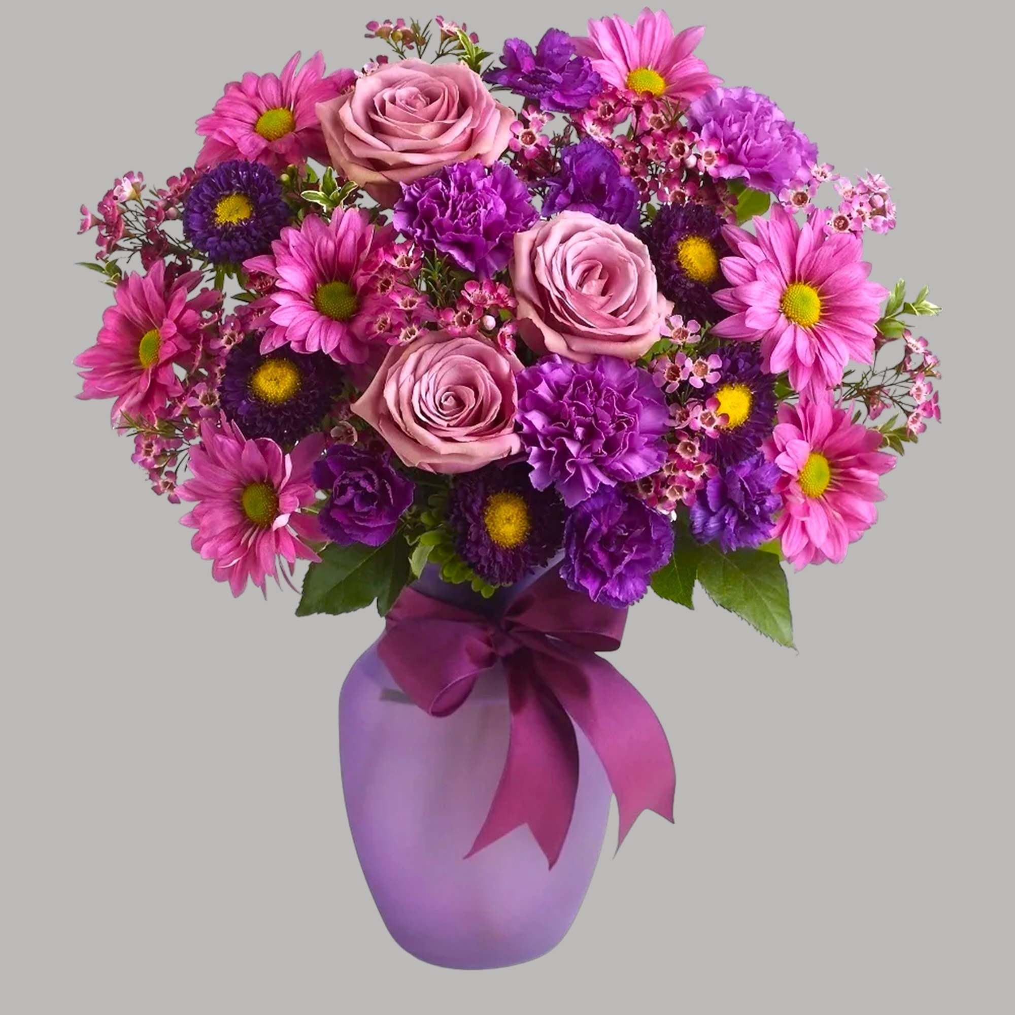 Pink and purple bouquet in a lavender vase with a ribbon, photo 4 of 5