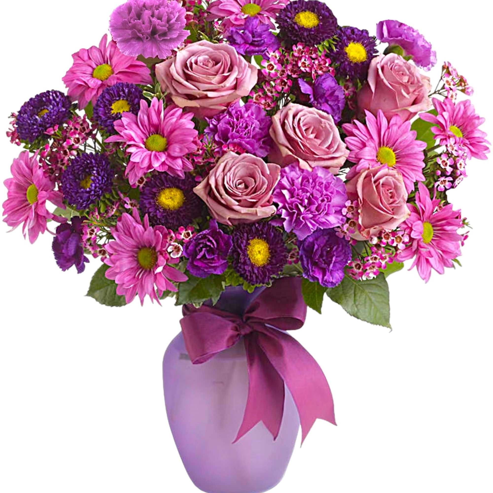 Pink and purple mixed bouquet in a lavender vase with a ribbon