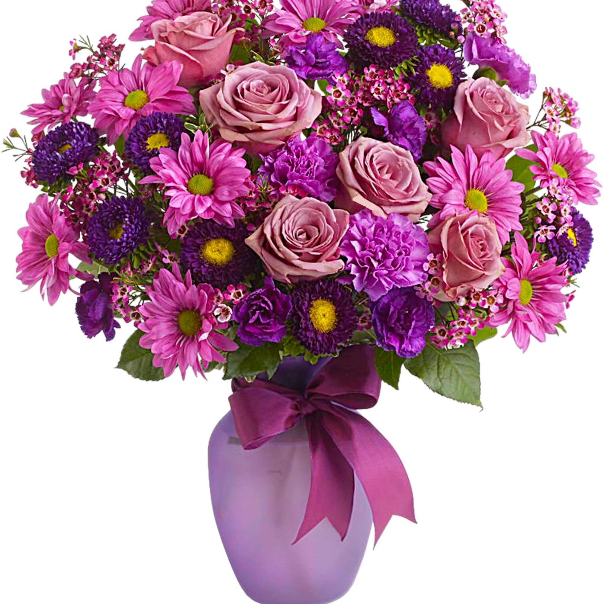 Pink roses and purple daisies in a lavender vase with a ribbon