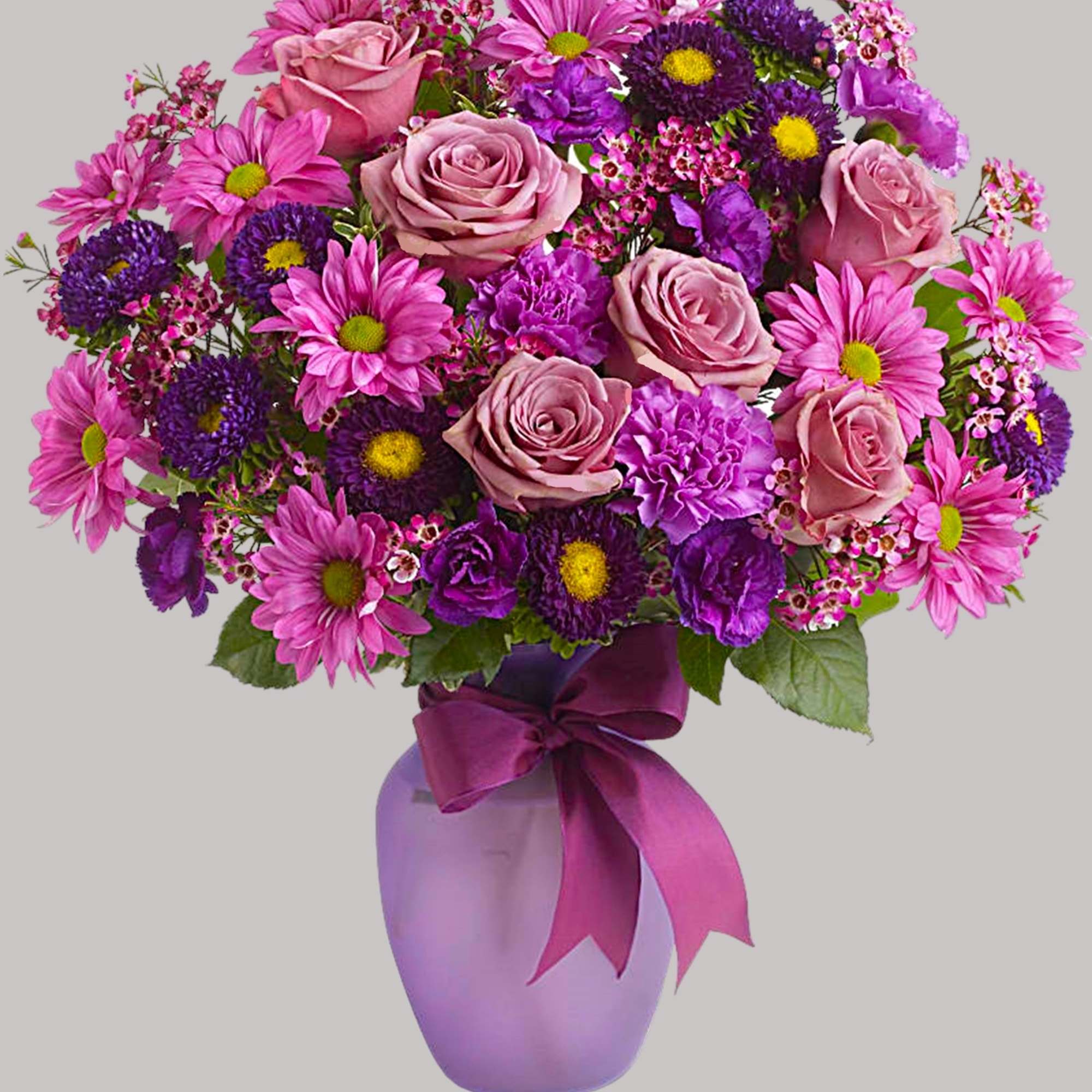 Pink and purple mixed bouquet in a lavender vase with a ribbon, photo 4 of 4