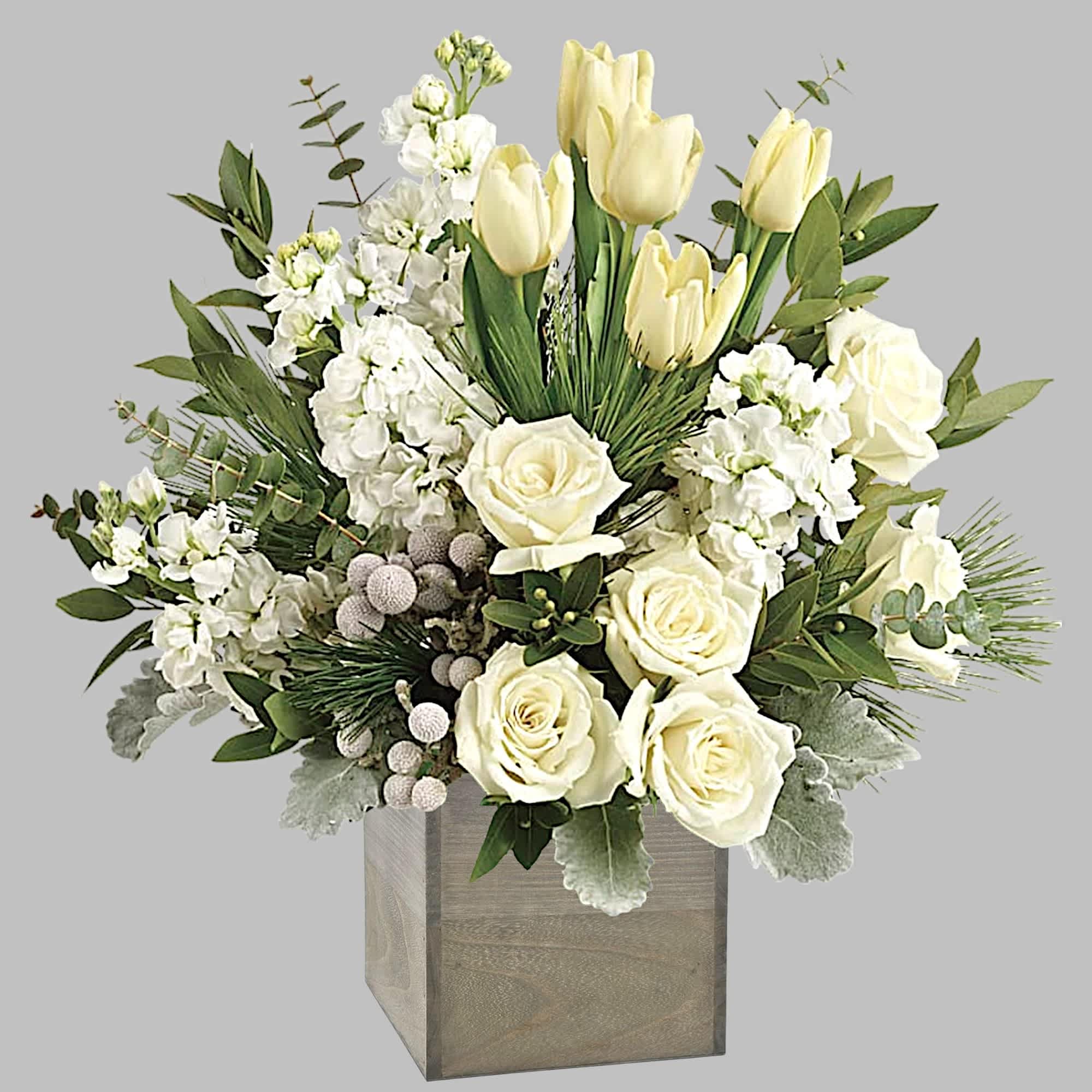 White roses and tulips arranged in a square wooden vase, photo 2 of 3