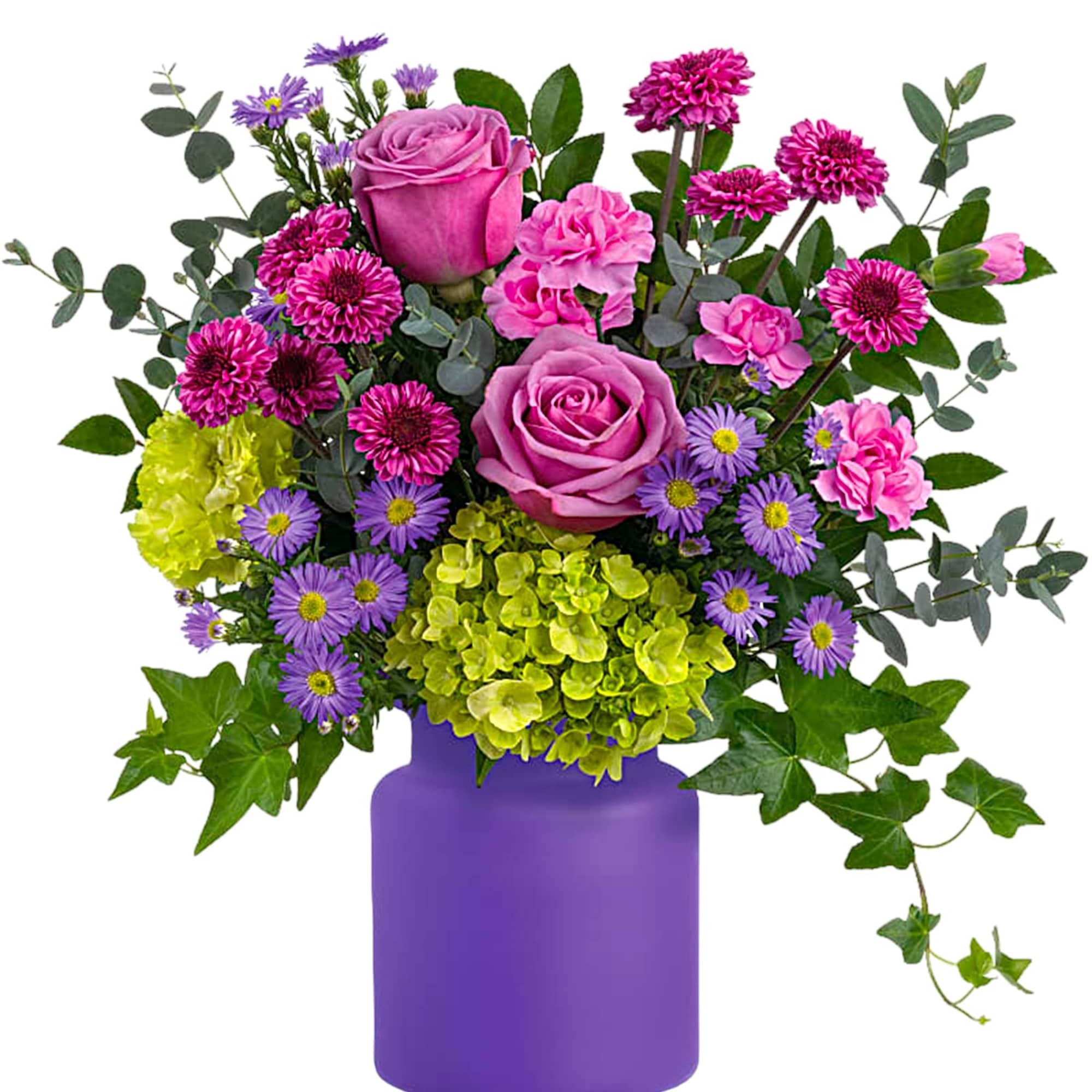 Pink and purple flower arrangement in a purple vase
