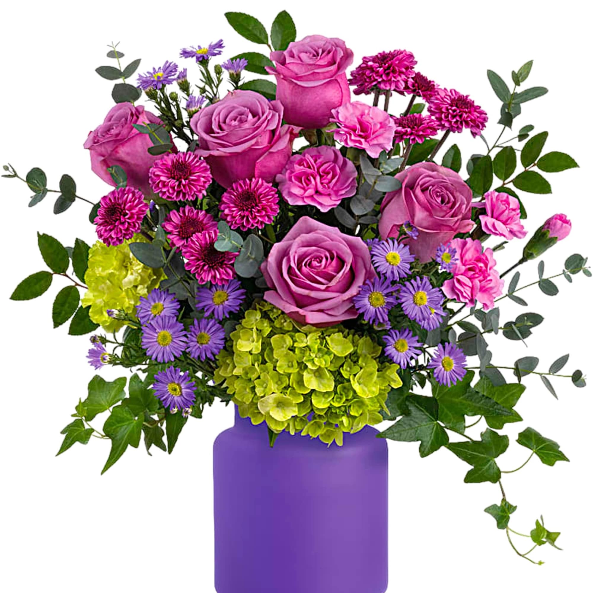 Pink roses and purple flowers in a purple vase