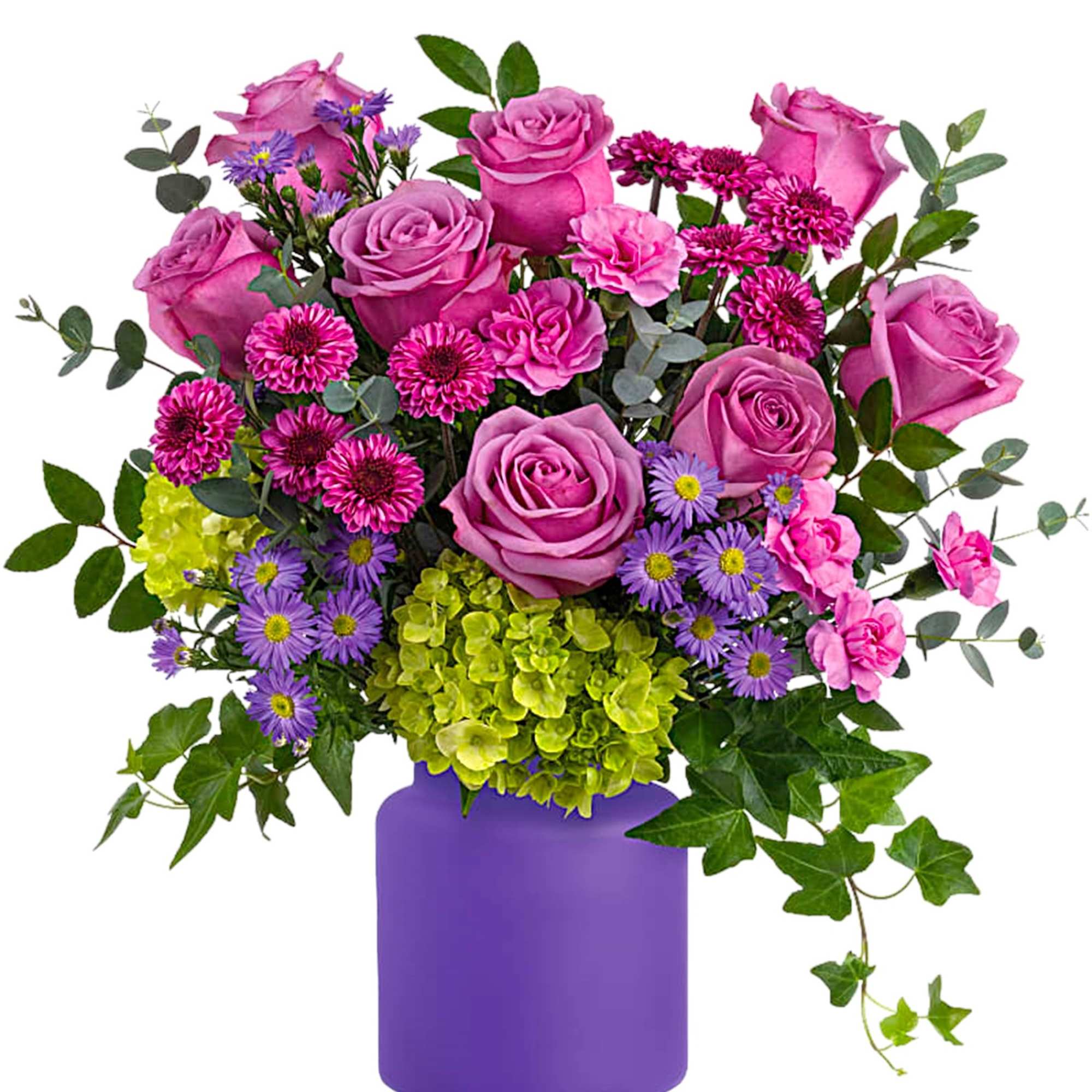 Pink roses and purple flowers in a purple vase