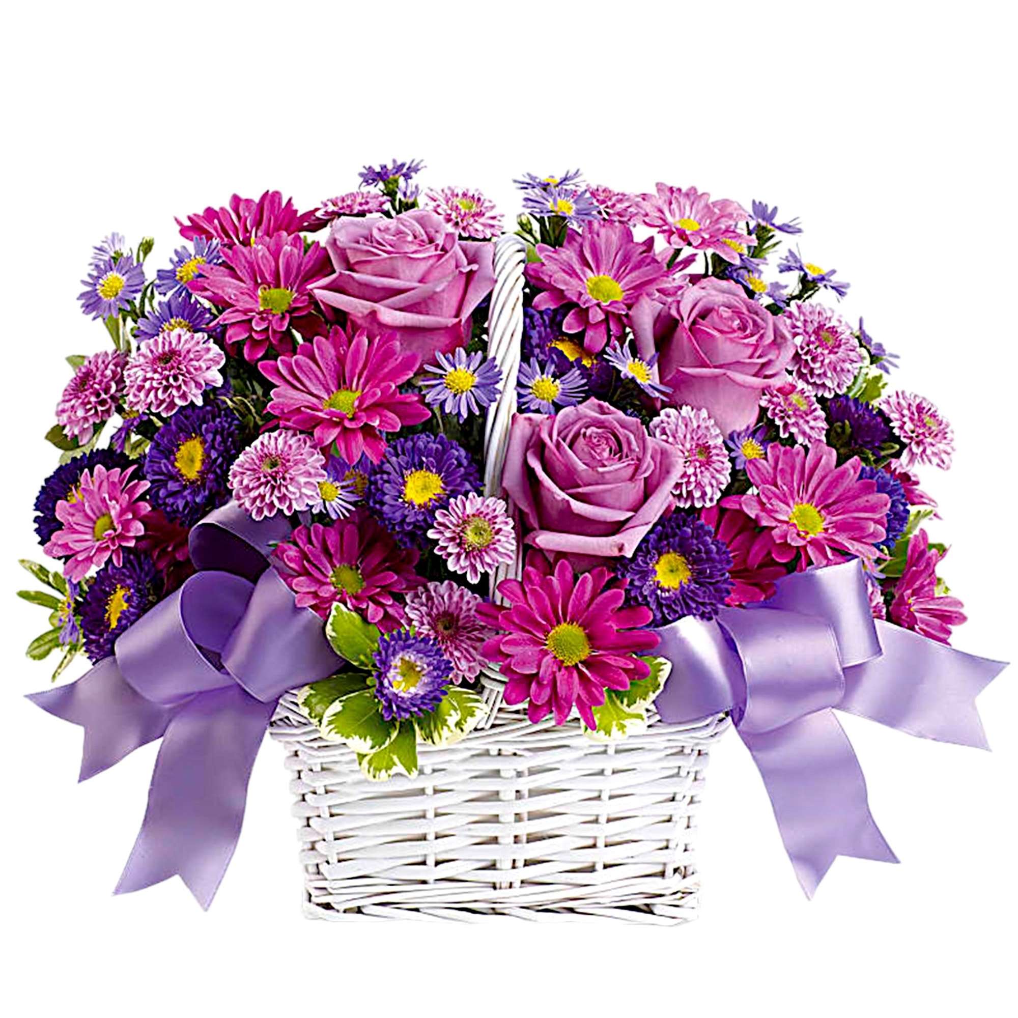 Lavender roses and pink daisy flowers in a white basket with purple ribbon