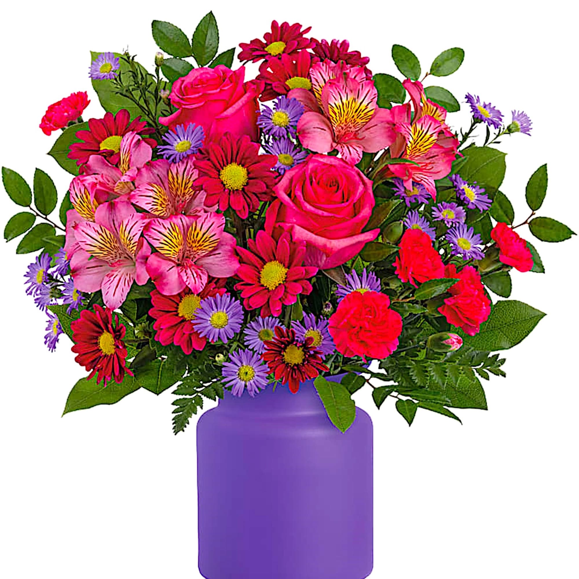 Mixed pink and purple flowers in a purple vase