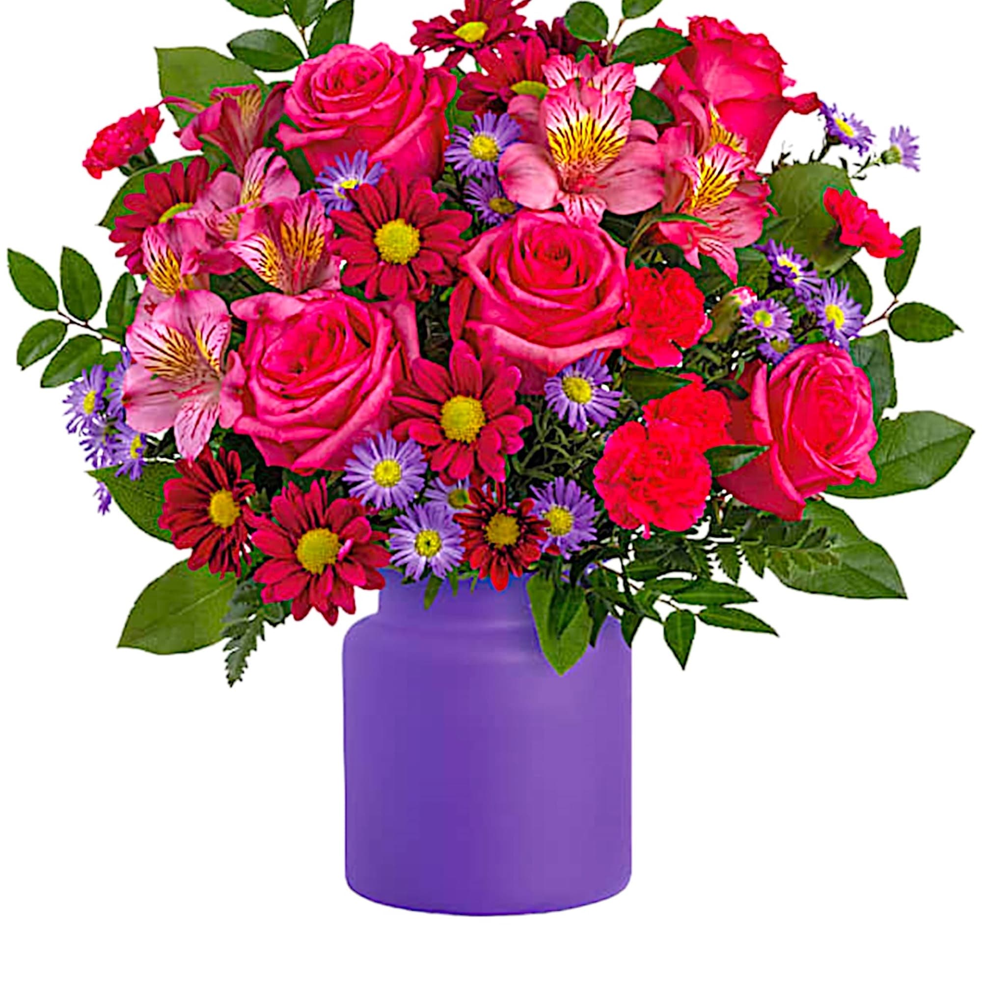 Bright mixed bouquet of pink roses and daisies in a purple vase