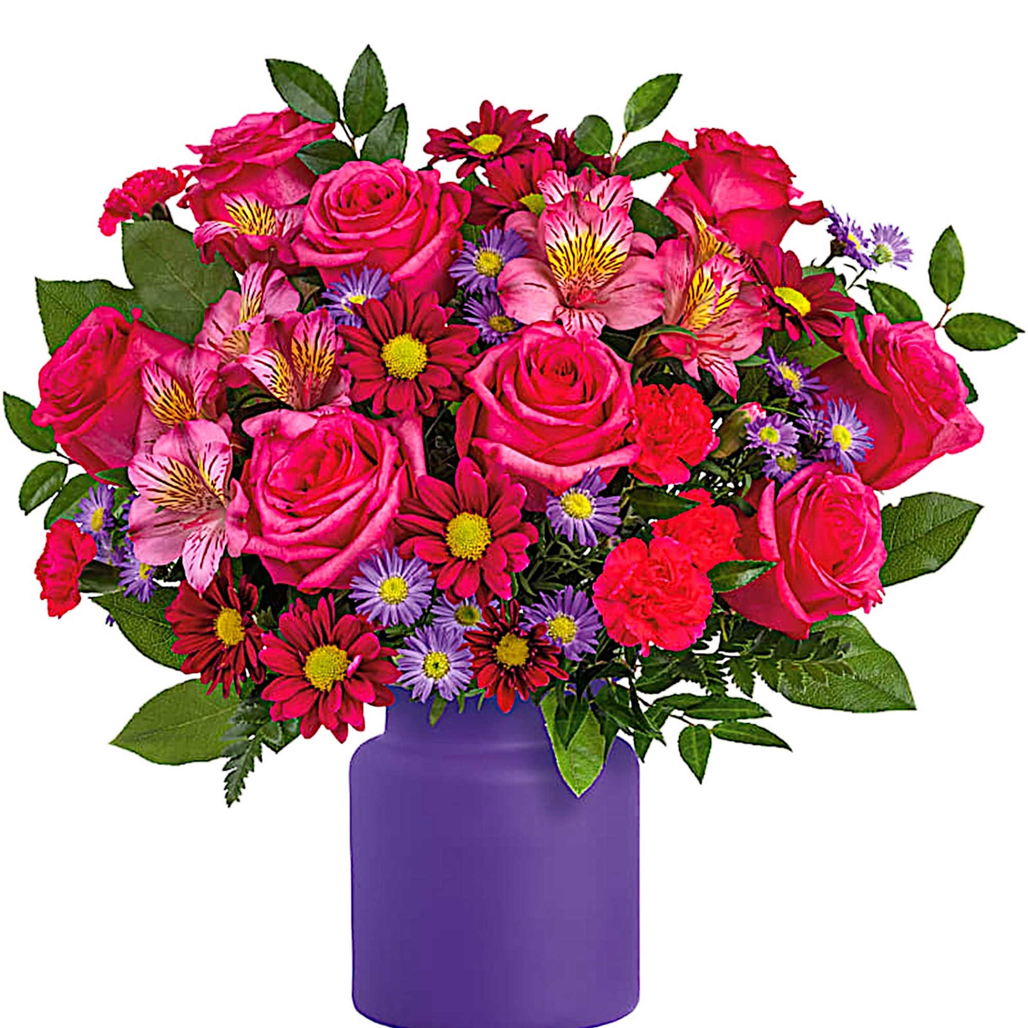 Pink roses and mixed daisies in a purple vase