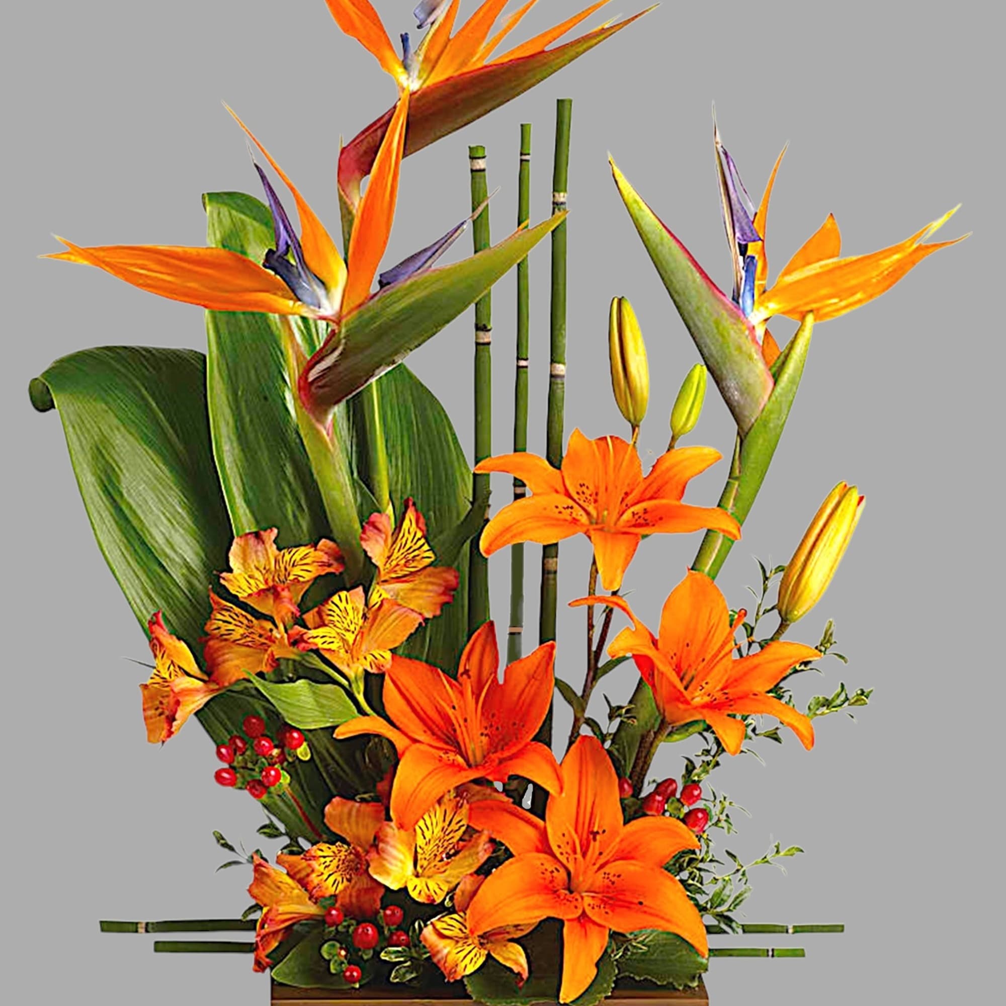 Orange lilies and bird-of-paradise in a rectangular vase