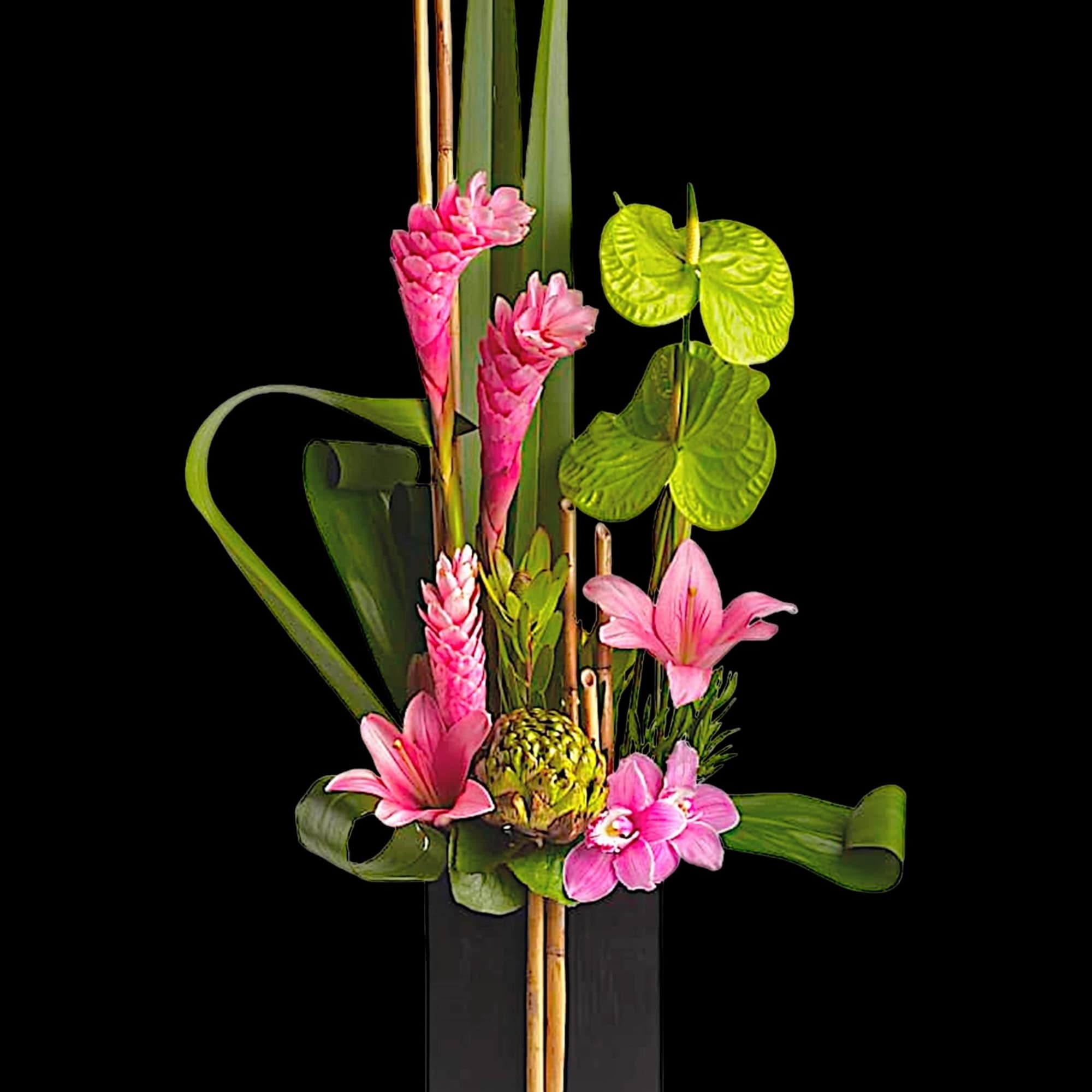 Pink tropical flowers arranged in a tall black vase with green leaves