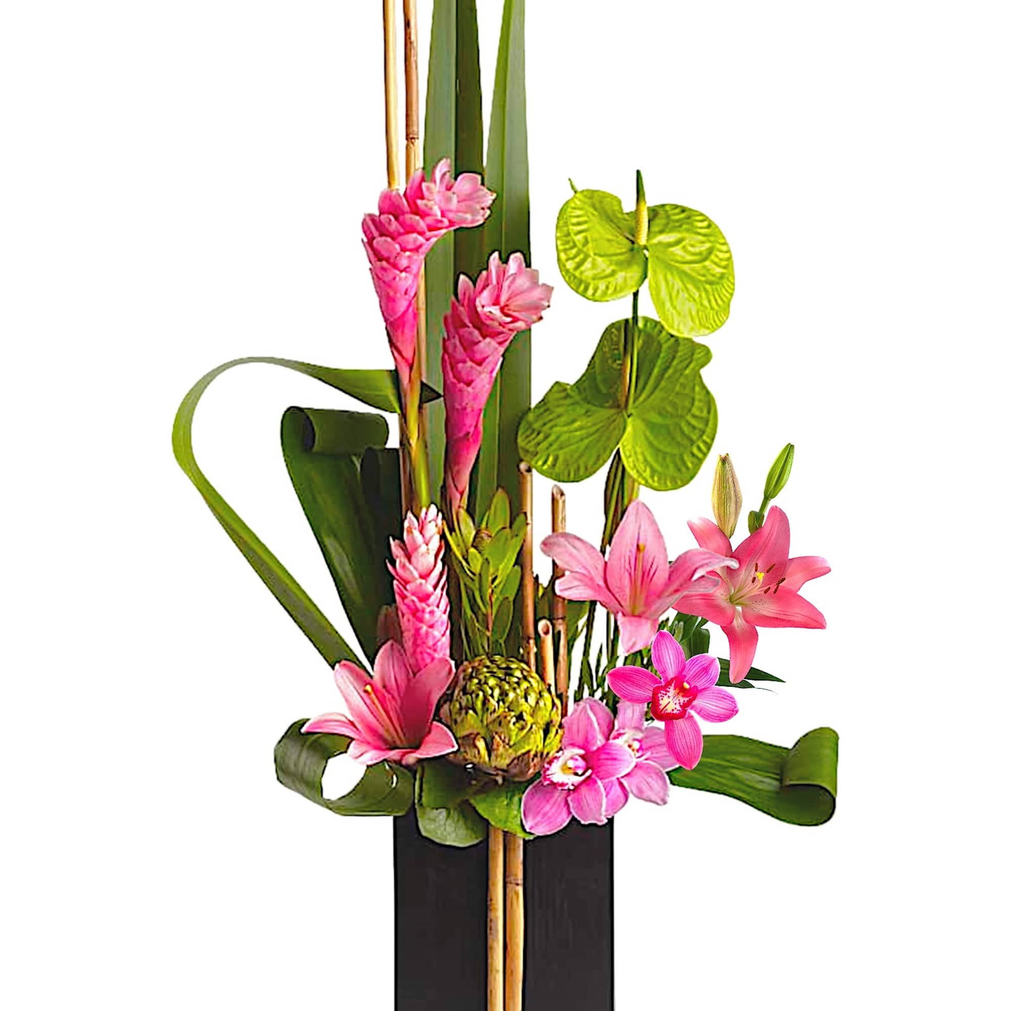 Tropical floral arrangement with pink lilies and orchids in a black vase