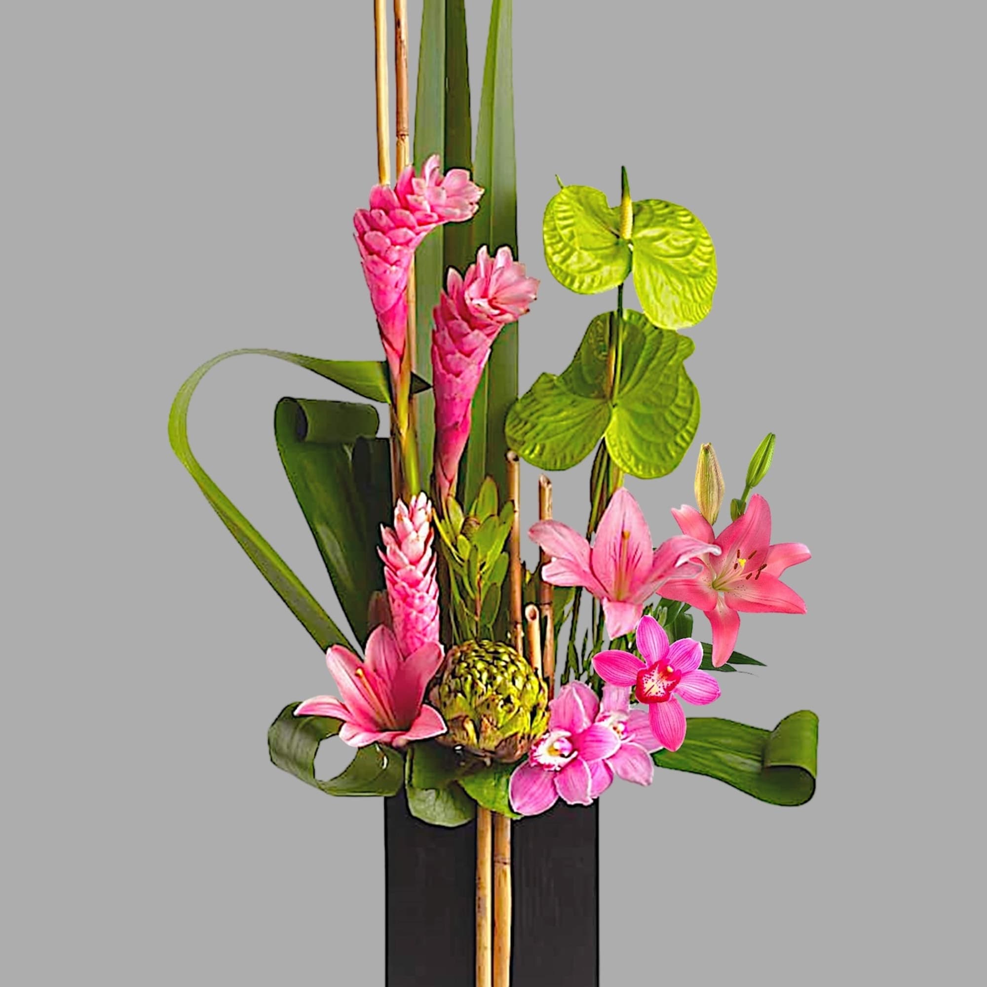 Tropical floral arrangement with pink lilies and orchids in a black vase, photo 2 of 4