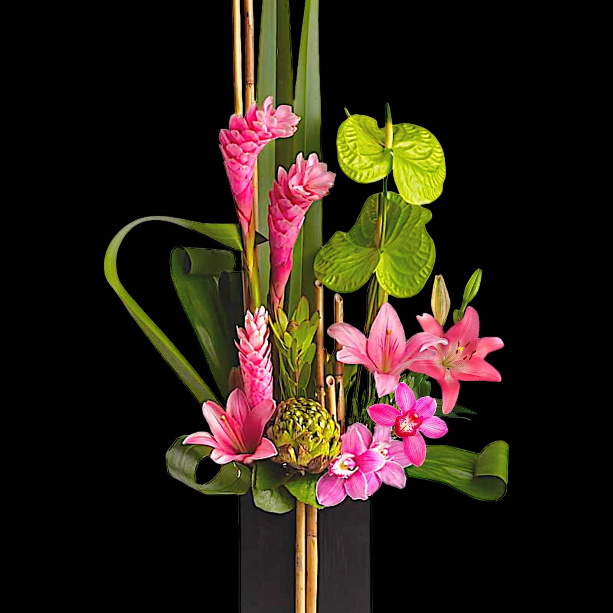 Pink tropical flowers arranged in a tall black vase with green leaves