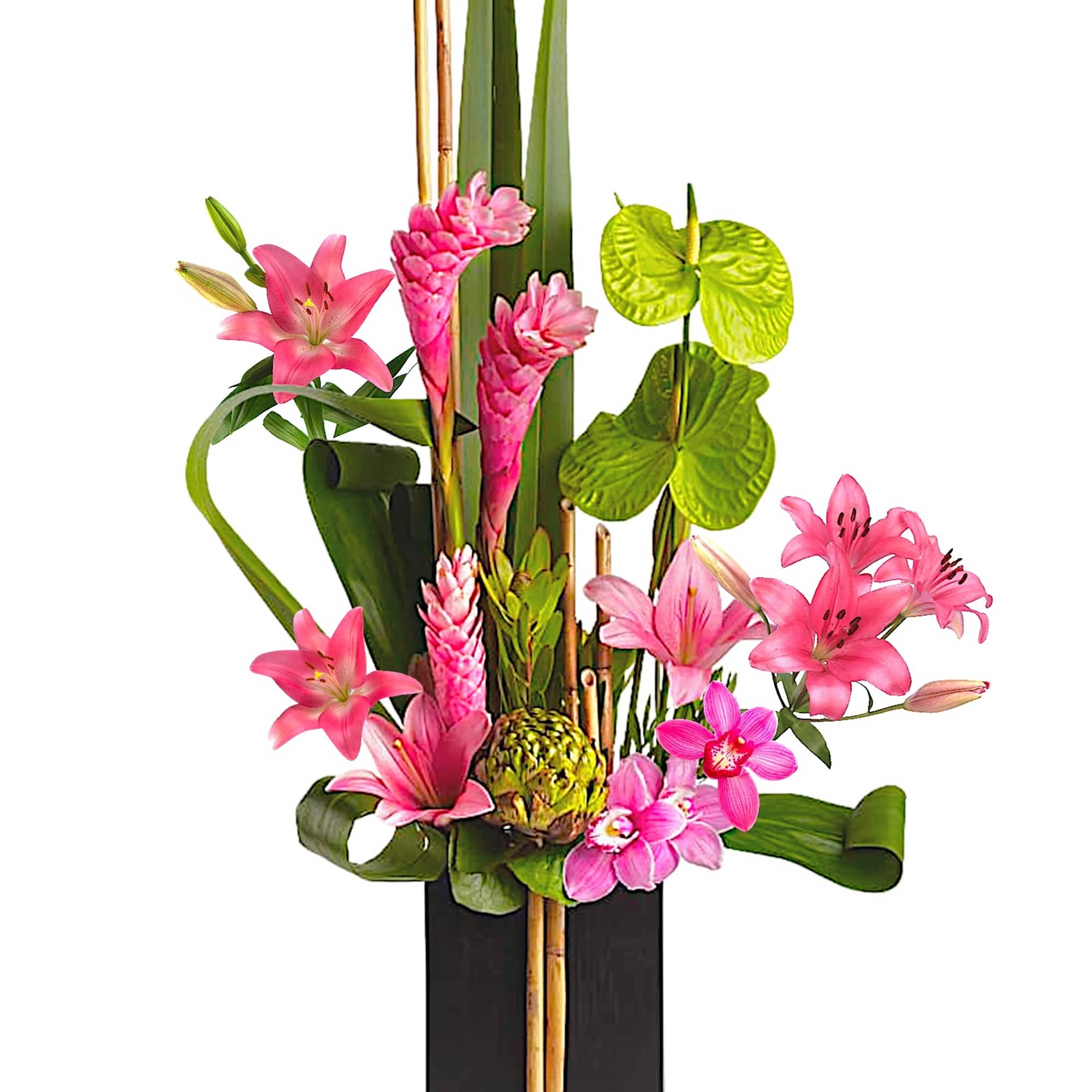 Pink lilies and tropical flowers in a black vase with bamboo accents