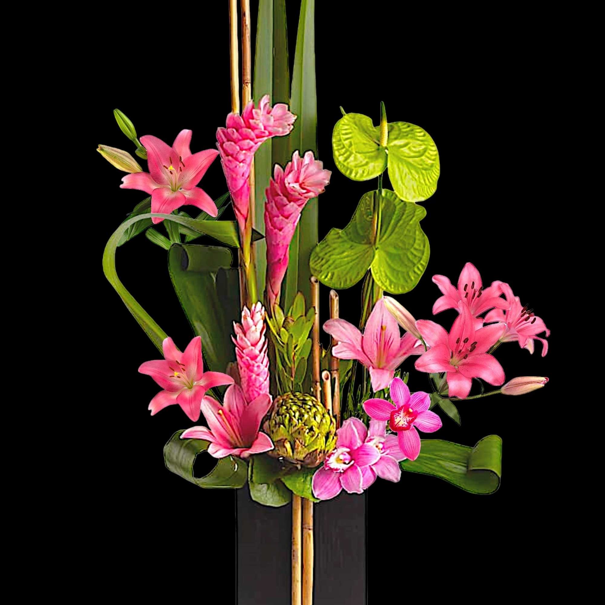 Pink lilies and tropical flowers in a black vase