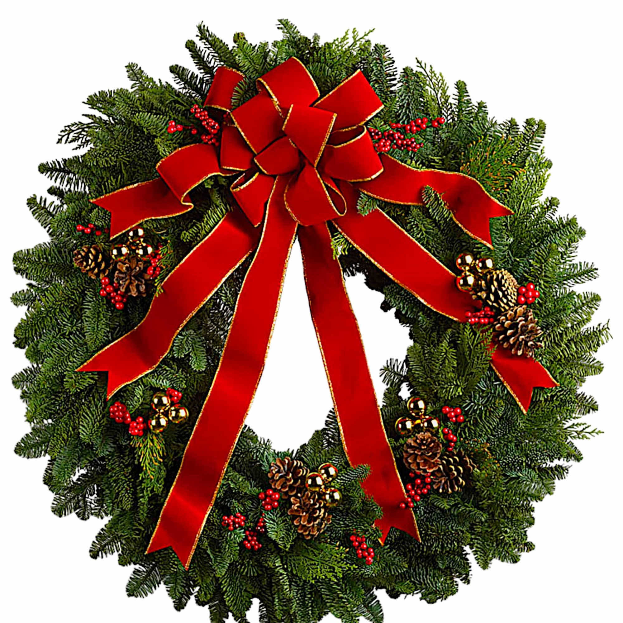 Christmas wreath with red bow, pinecones, and berries